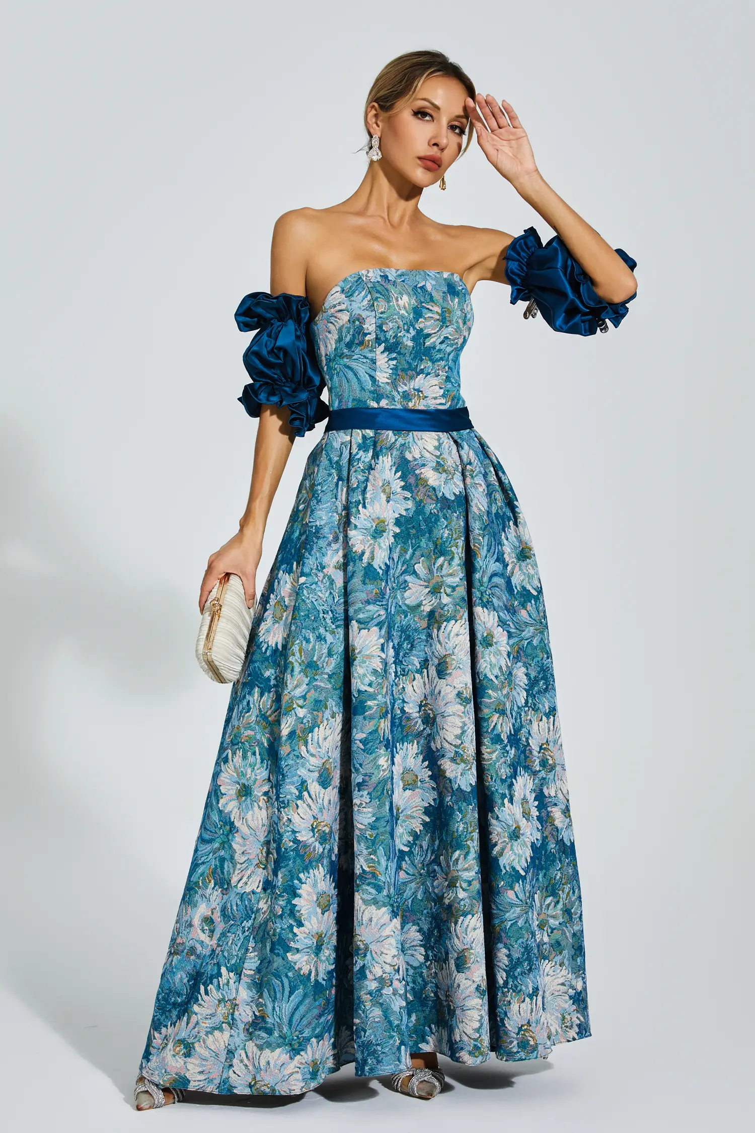 Samia Blue Puff Sleeves Off Shoulder Dress-CATCHALL