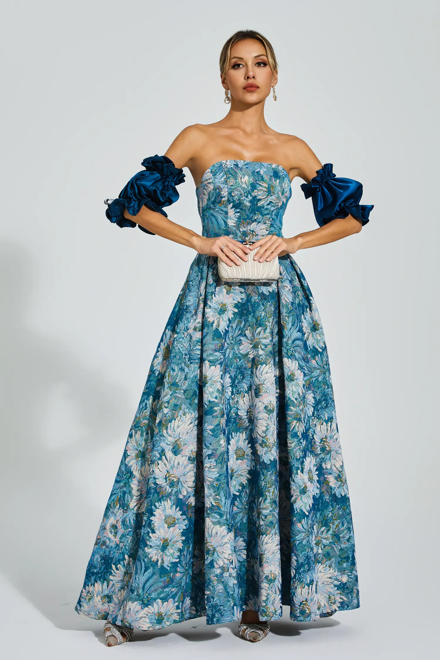 Samia Blue Puff Sleeves Off Shoulder Dress-CATCHALL