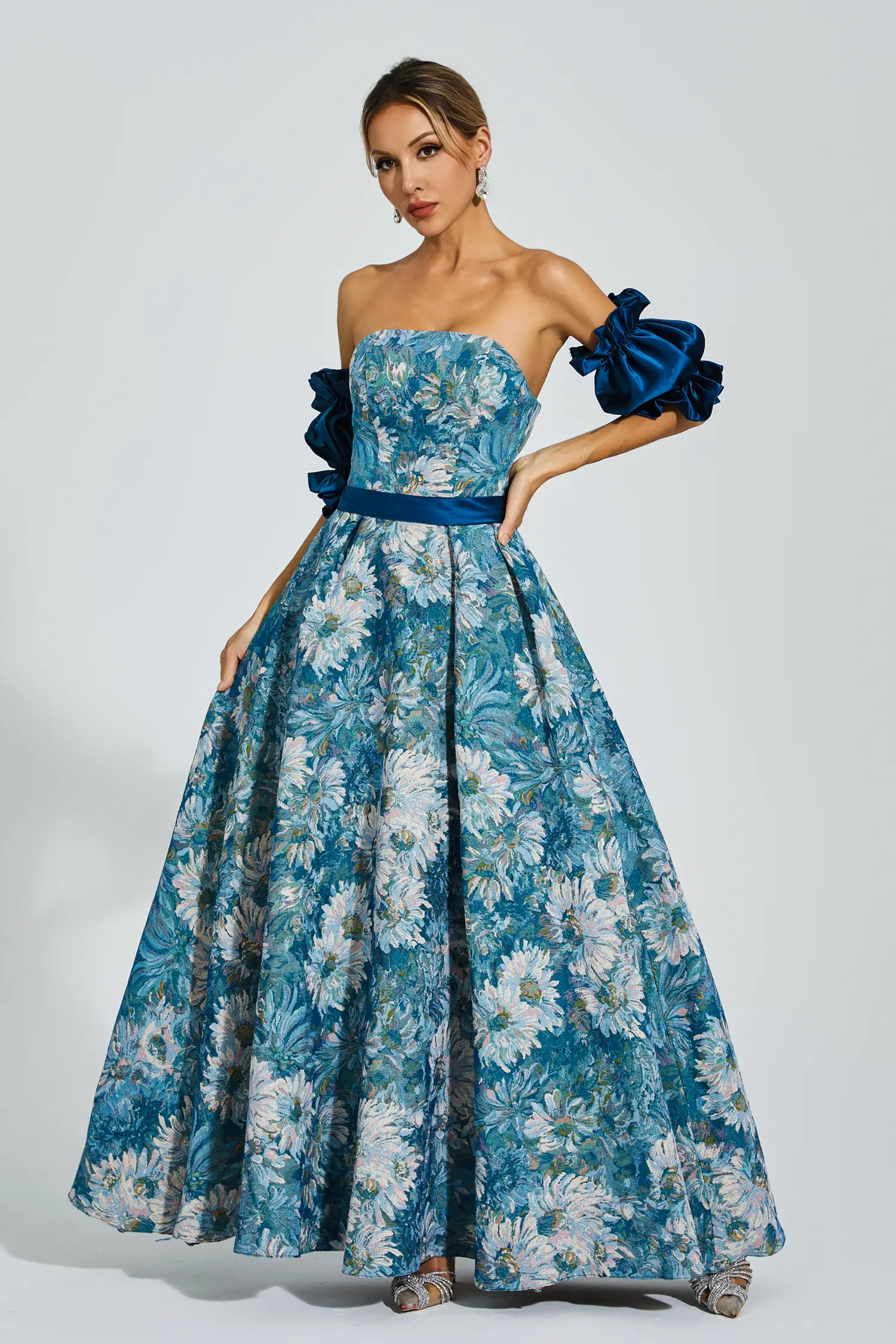 Samia Blue Puff Sleeves Off Shoulder Dress-CATCHALL