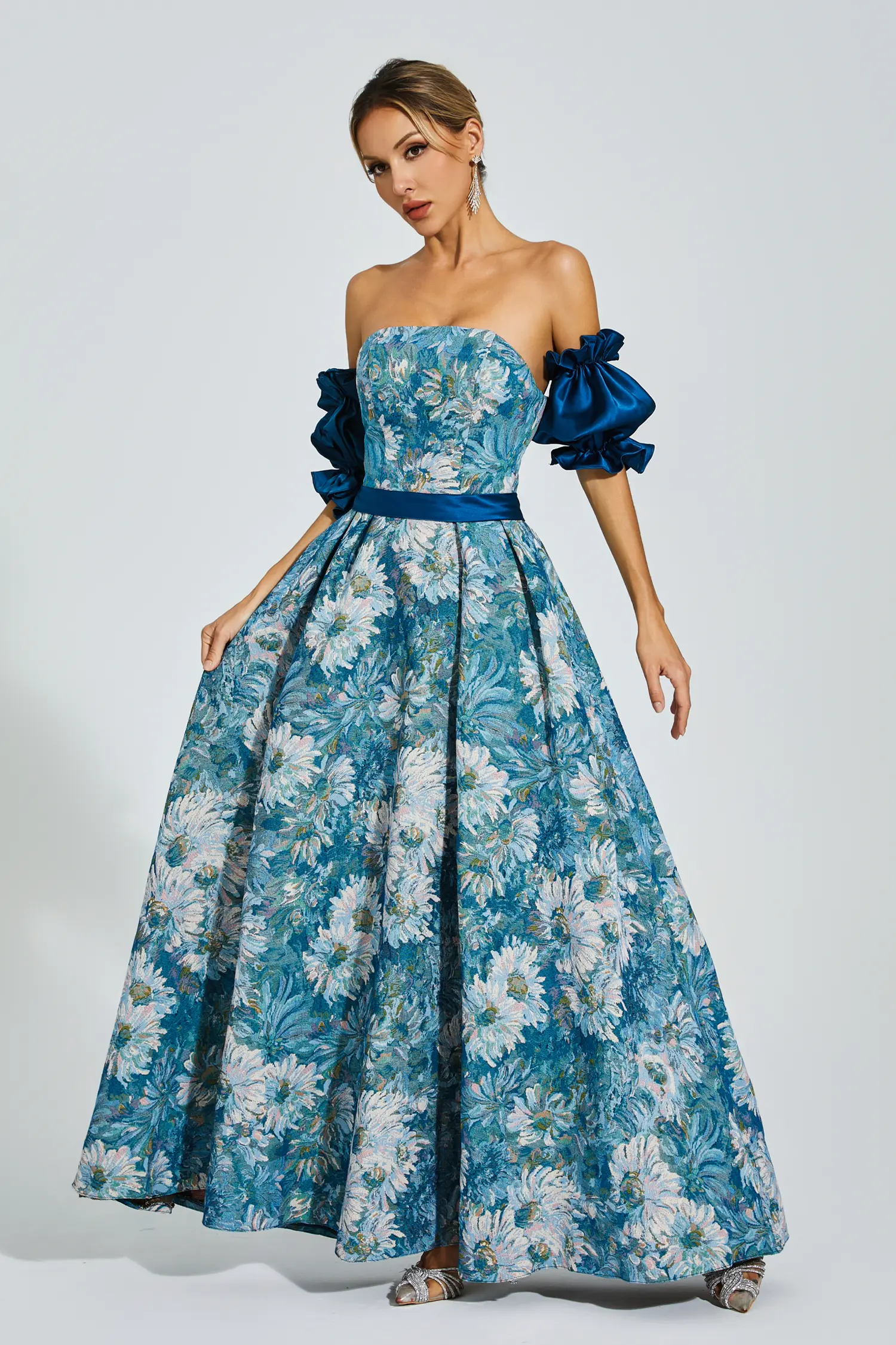 Samia Blue Puff Sleeves Off Shoulder Dress-CATCHALL