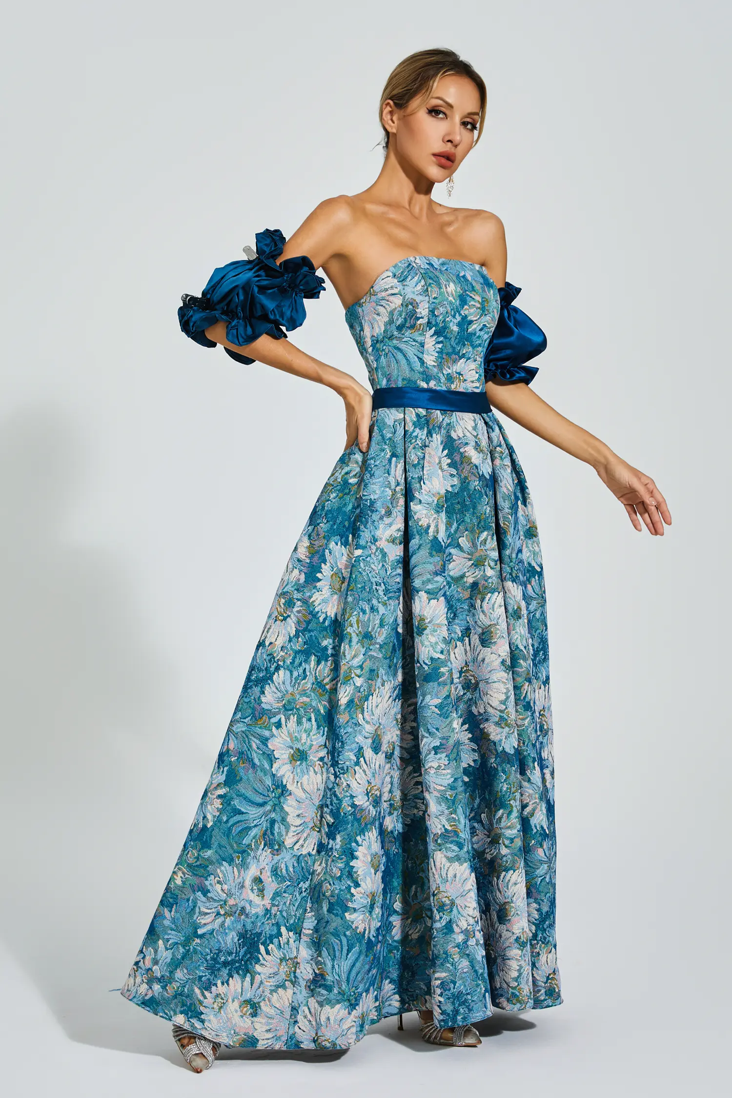 Samia Blue Puff Sleeves Off Shoulder Dress-CATCHALL