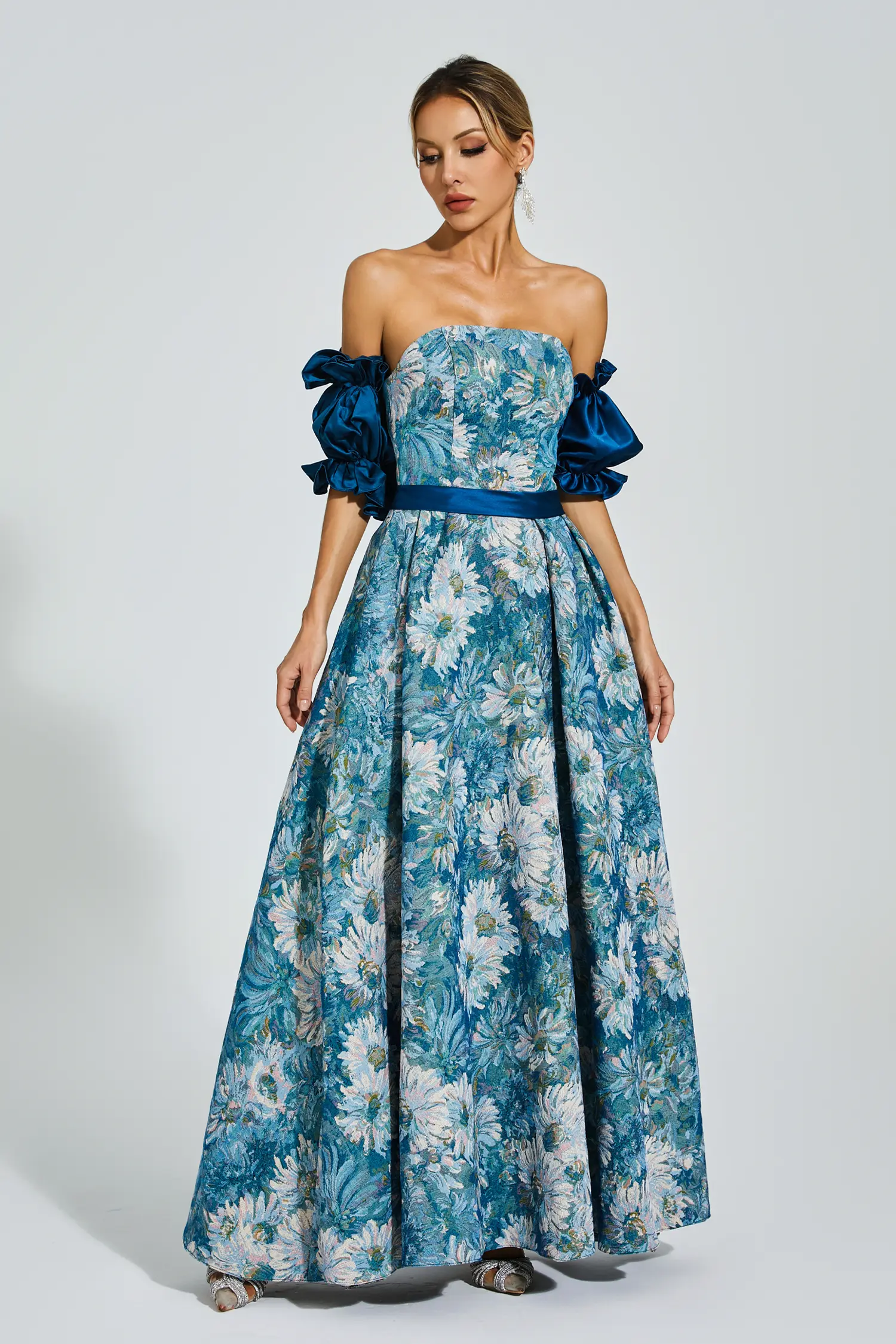 Samia Blue Puff Sleeves Off Shoulder Dress-CATCHALL