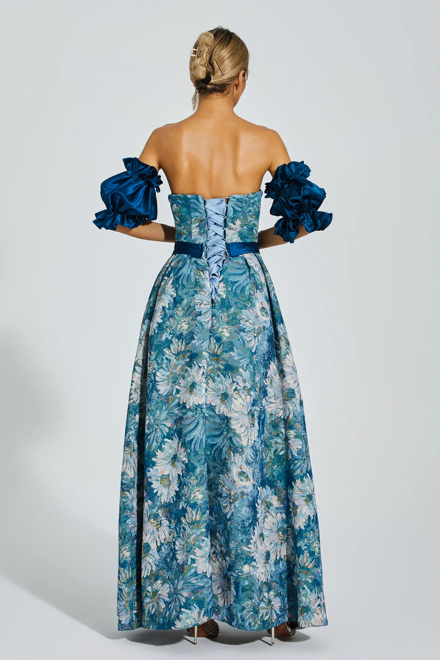 Samia Blue Puff Sleeves Off Shoulder Dress-CATCHALL