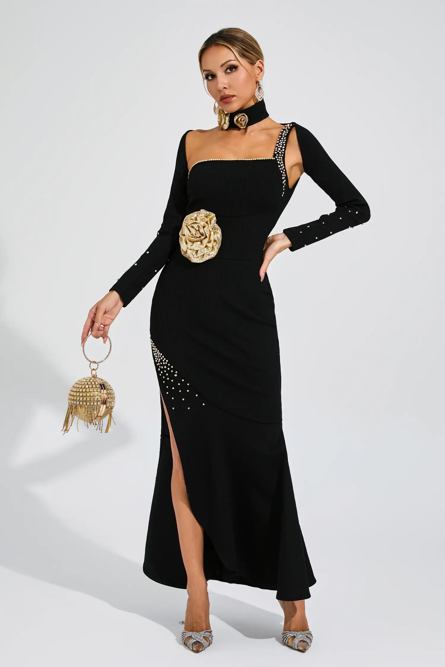 Sandy Black Slit Gold Rose Bandage Dress-CATCHALL