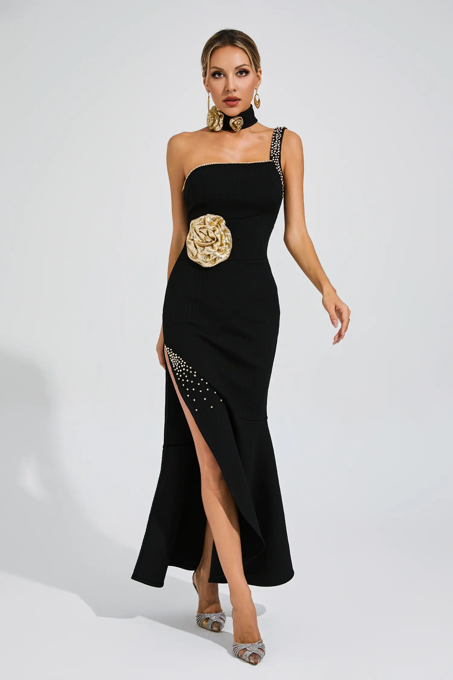 Sandy Black Slit Gold Rose Bandage Dress-CATCHALL