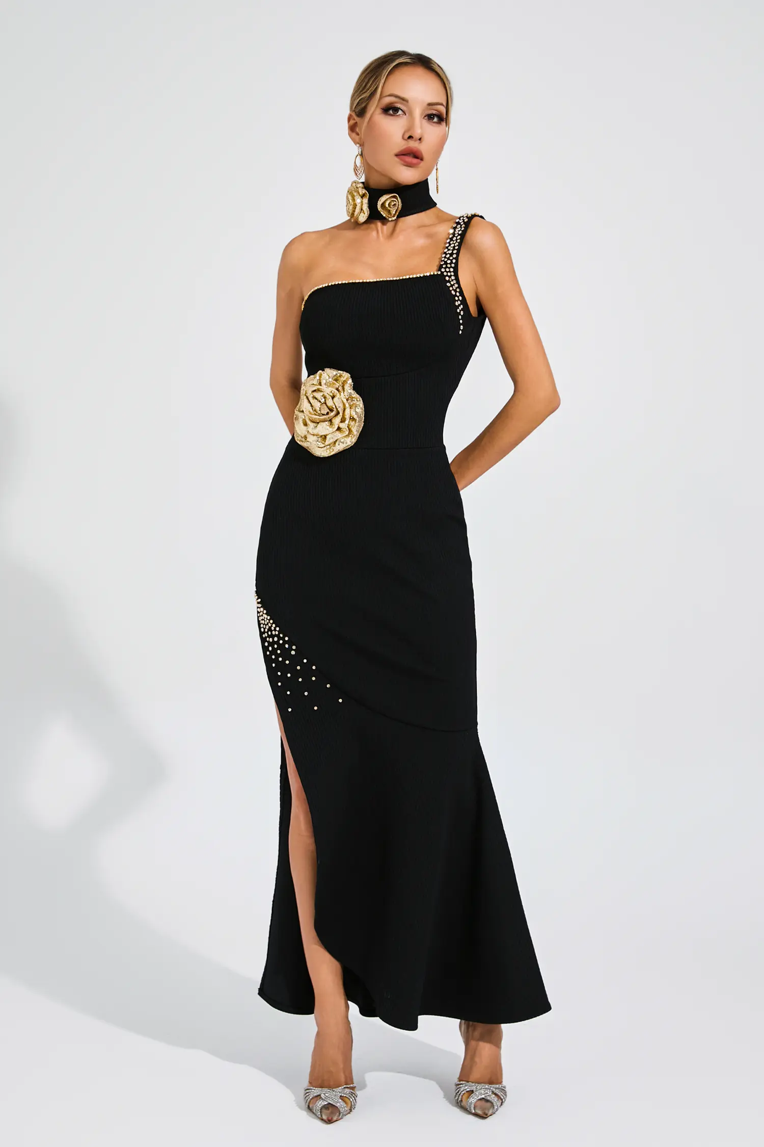 Sandy Black Slit Gold Rose Bandage Dress-CATCHALL