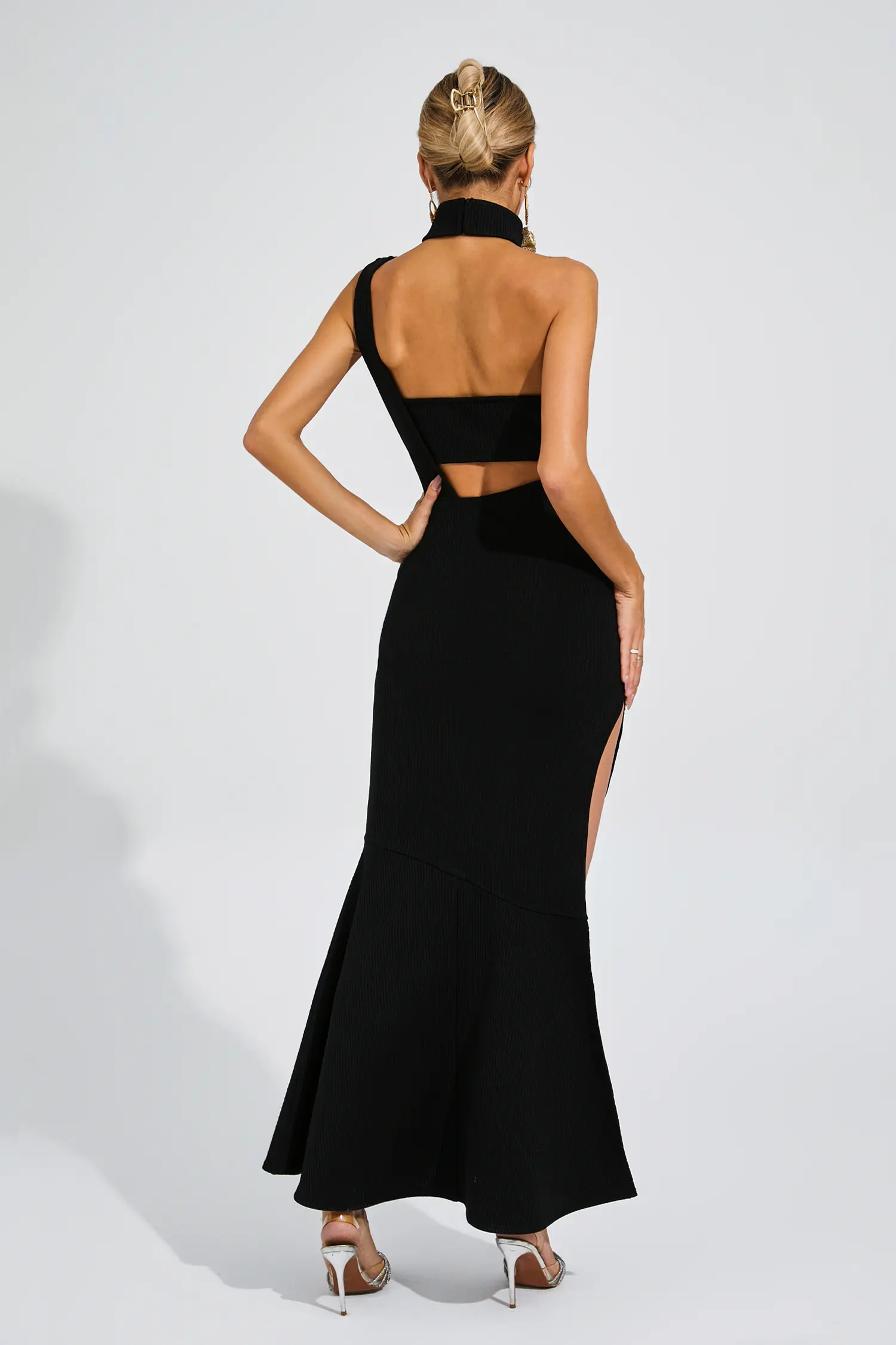 Sandy Black Slit Gold Rose Bandage Dress-CATCHALL