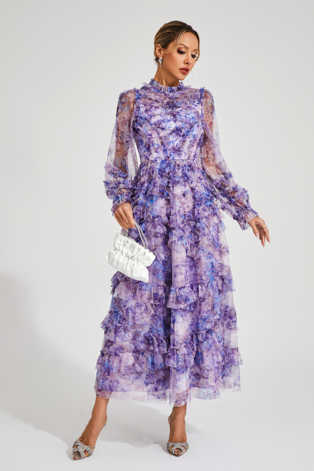 PARKER Womens Purple Floral Long Sleeve Square Neck Short Fit + Flare Dress main image 0