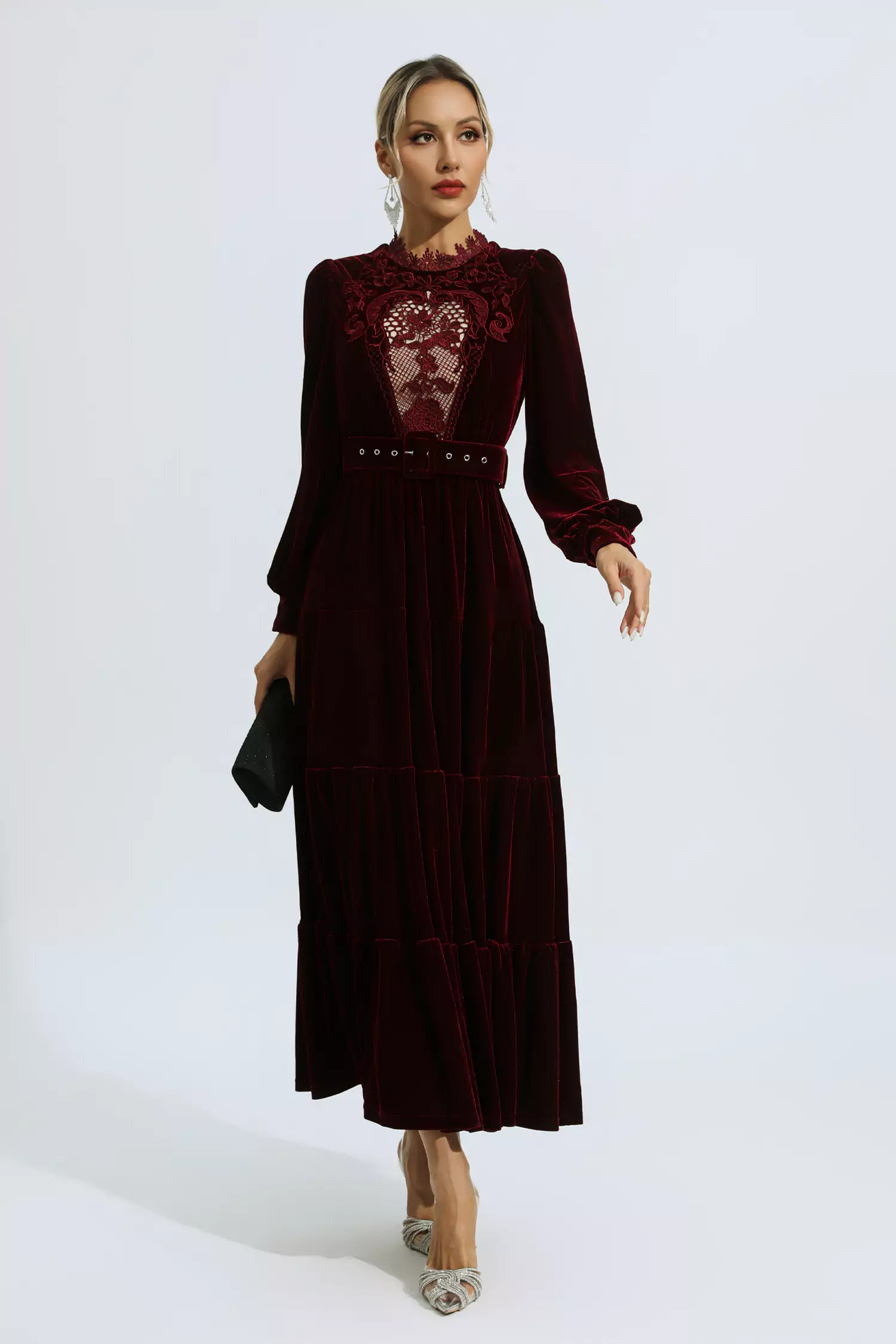 Selene Red Velvet Embroidered Maxi Dress-CATCHALL