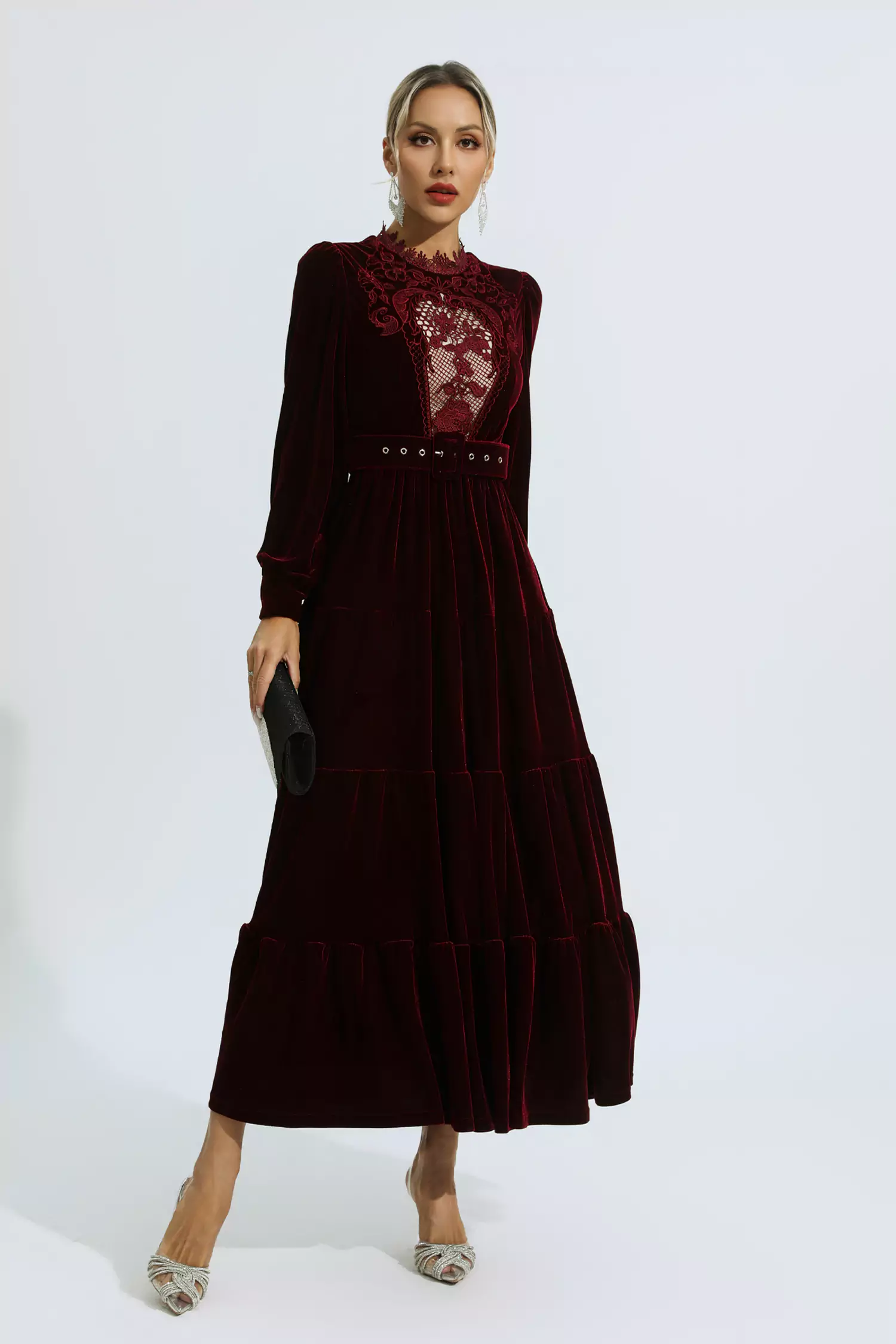 Selene Red Velvet Embroidered Maxi Dress-CATCHALL