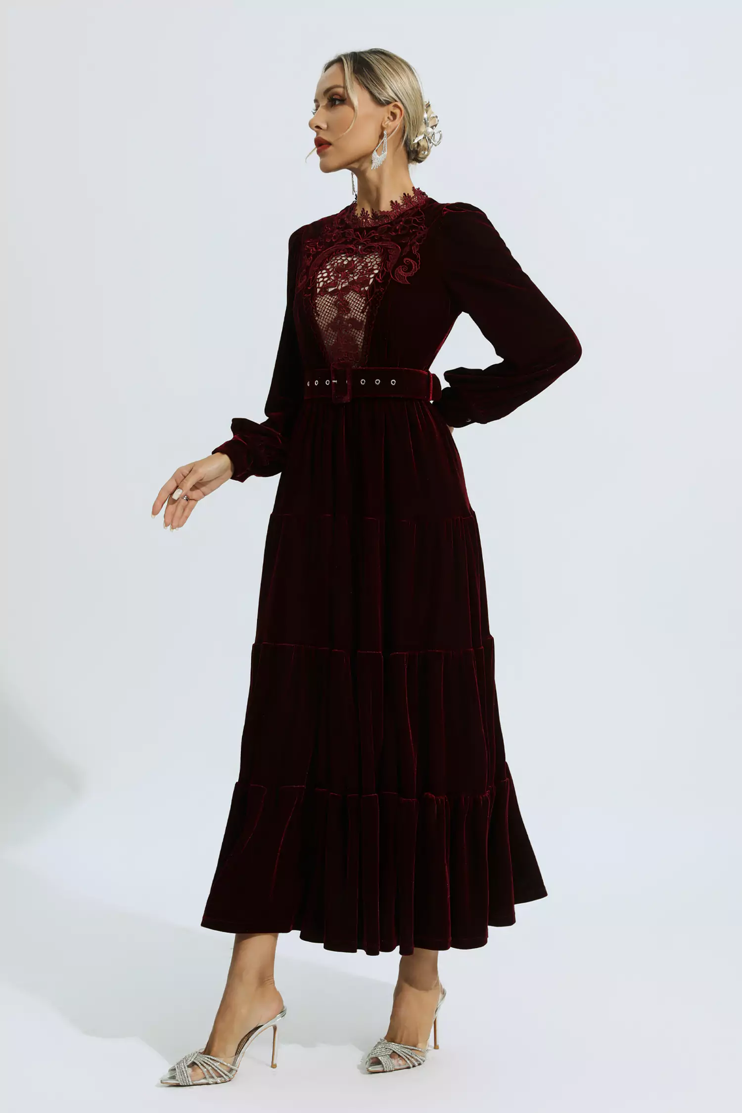 Selene Red Velvet Embroidered Maxi Dress-CATCHALL