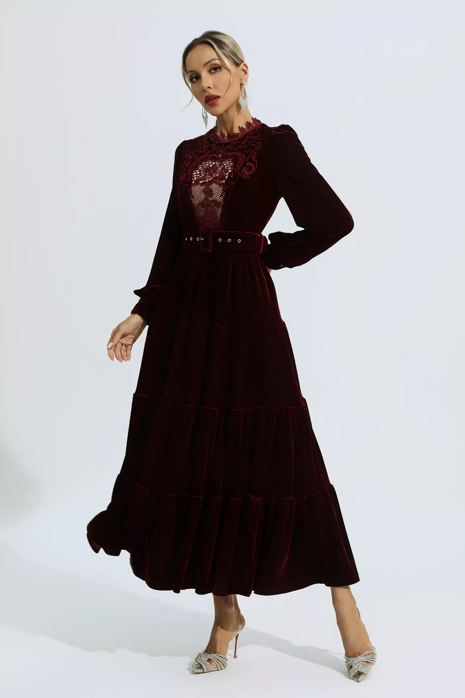 Selene Red Velvet Embroidered Maxi Dress-CATCHALL
