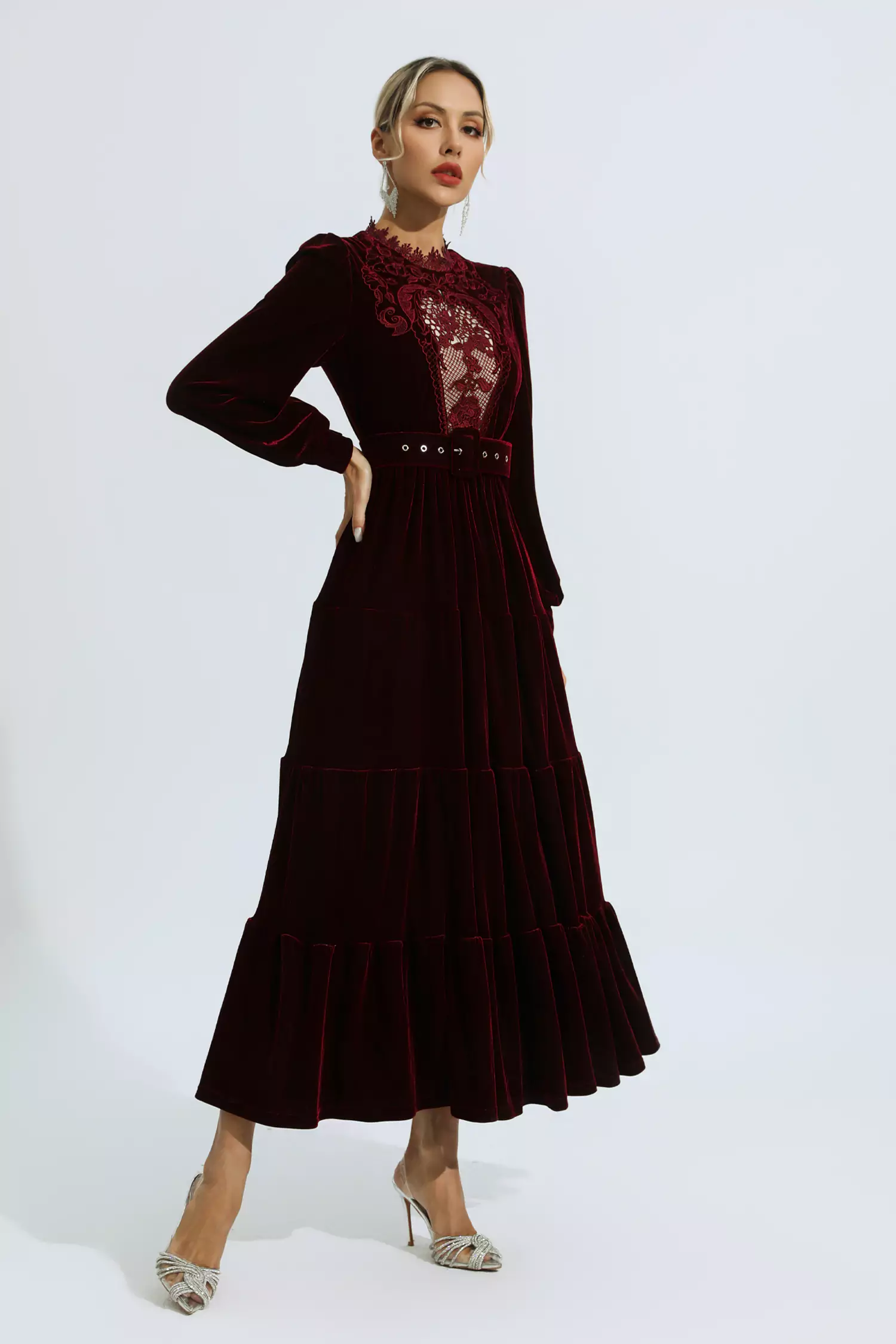 Selene Red Velvet Embroidered Maxi Dress-CATCHALL