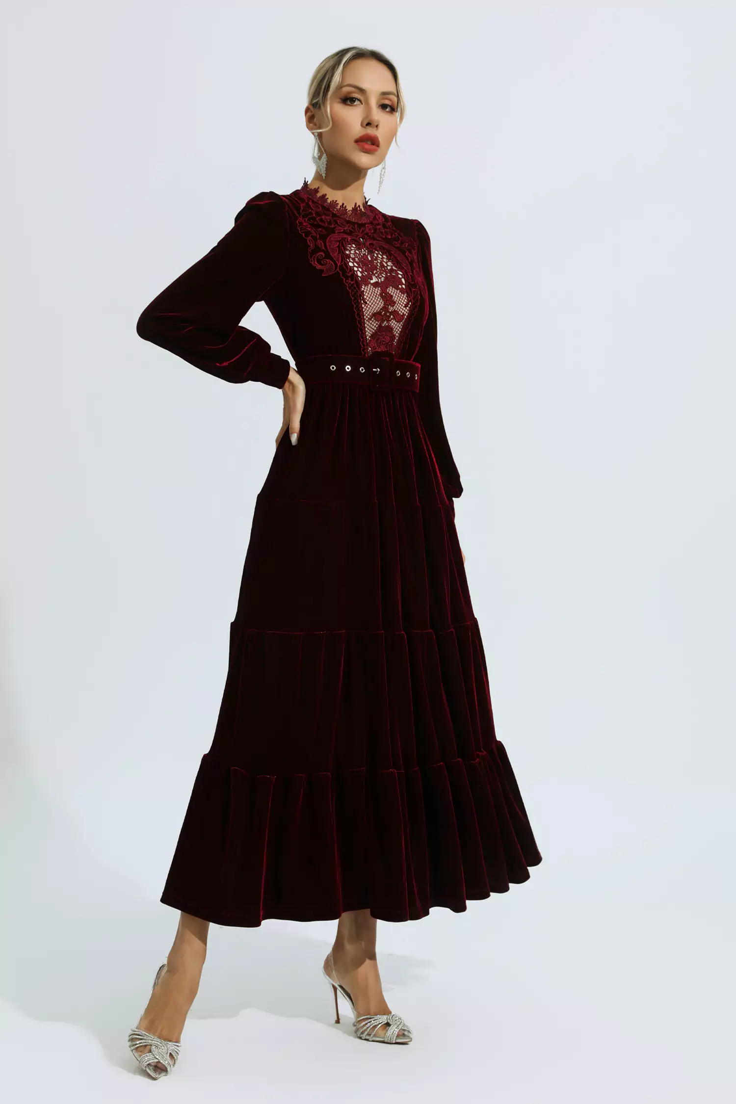 Selene Red Velvet Embroidered Maxi Dress