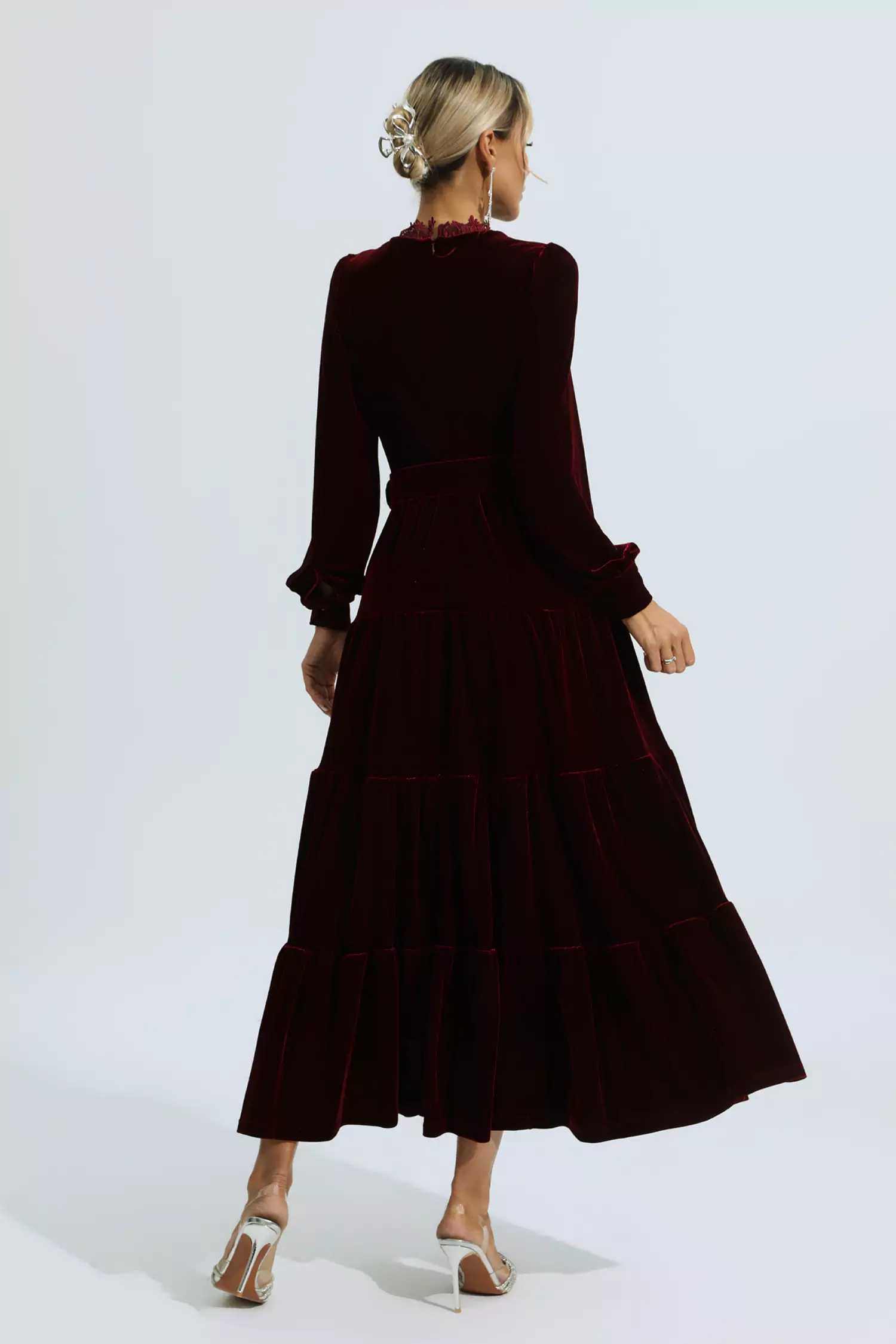 Selene Red Velvet Embroidered Maxi Dress-CATCHALL