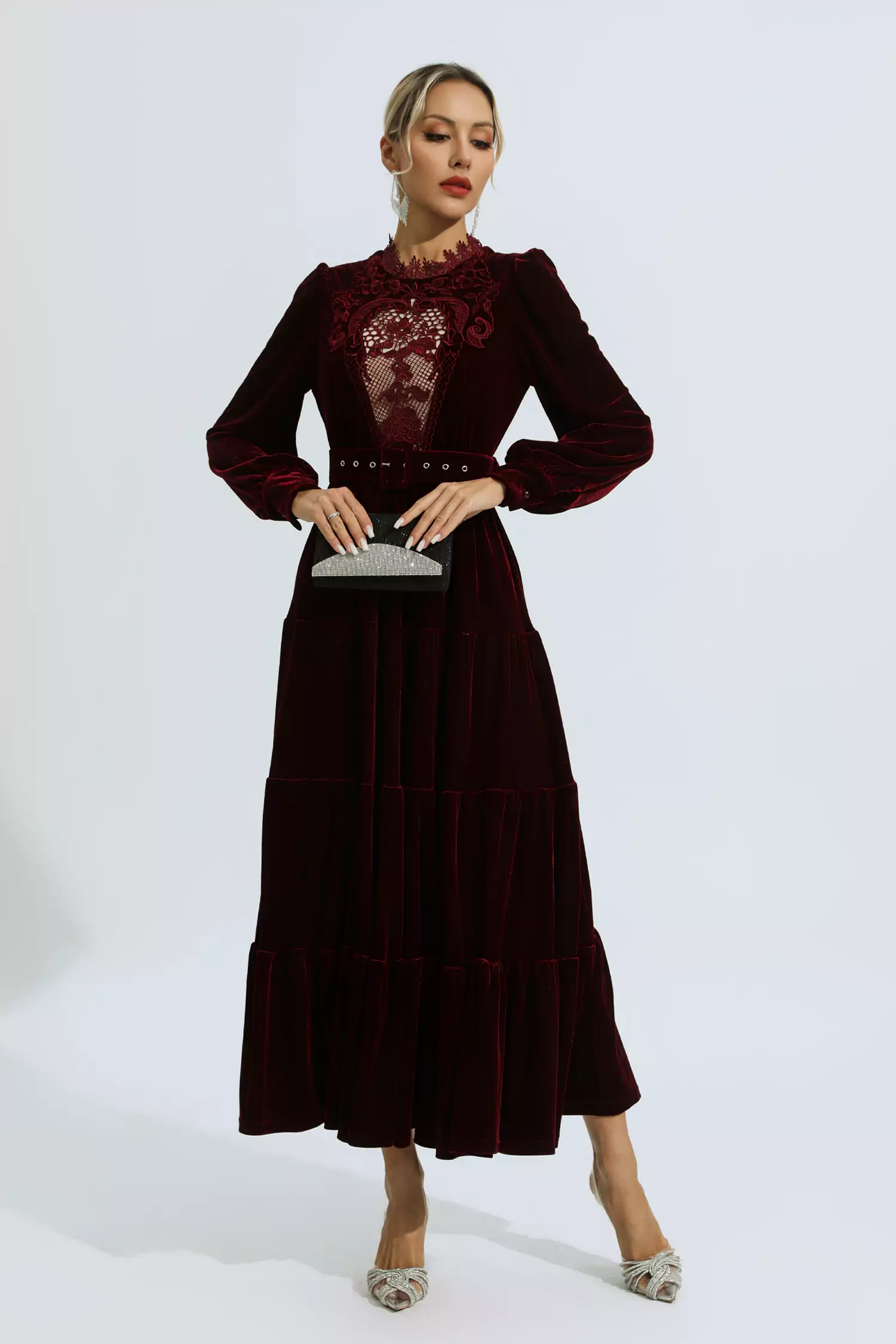Selene Red Velvet Embroidered Maxi Dress-CATCHALL