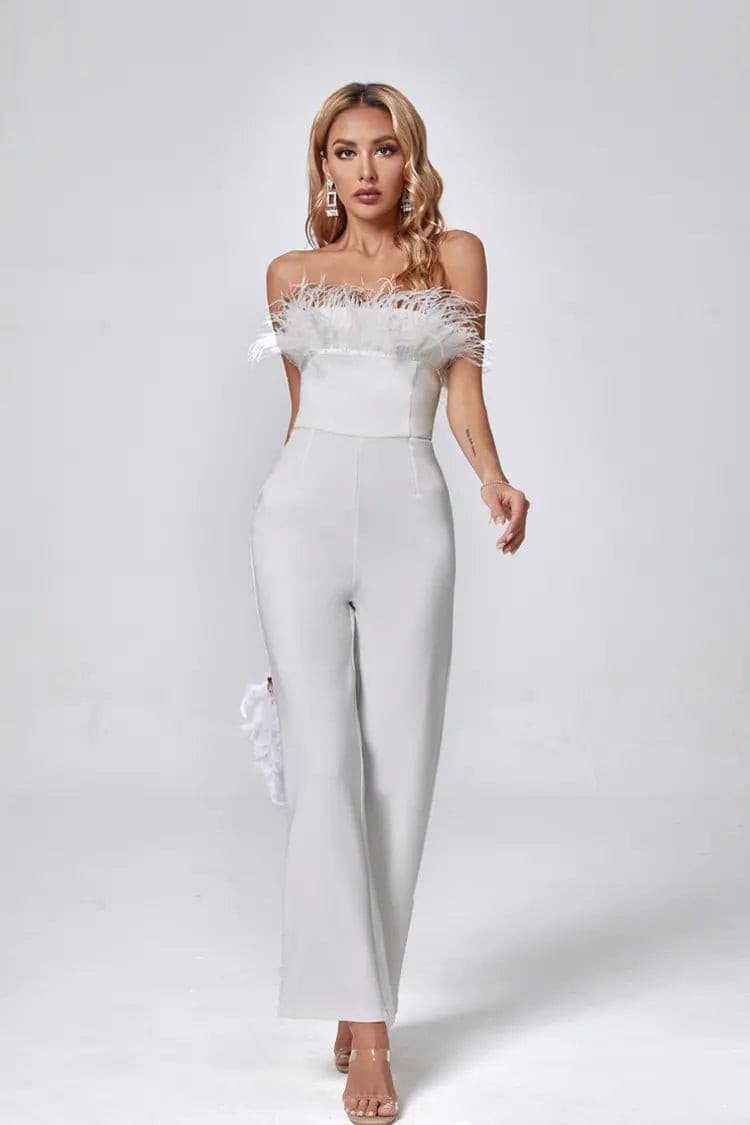 Serenity White Strapless Feather Jumpsuit - Catchall
