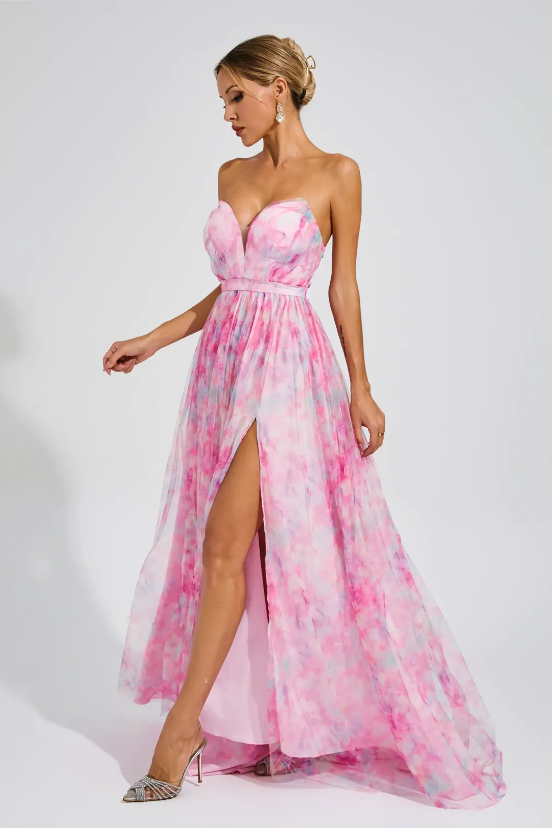 Off-the-shoulder Ruched Sheath Long Slit Dress Pearl Pink