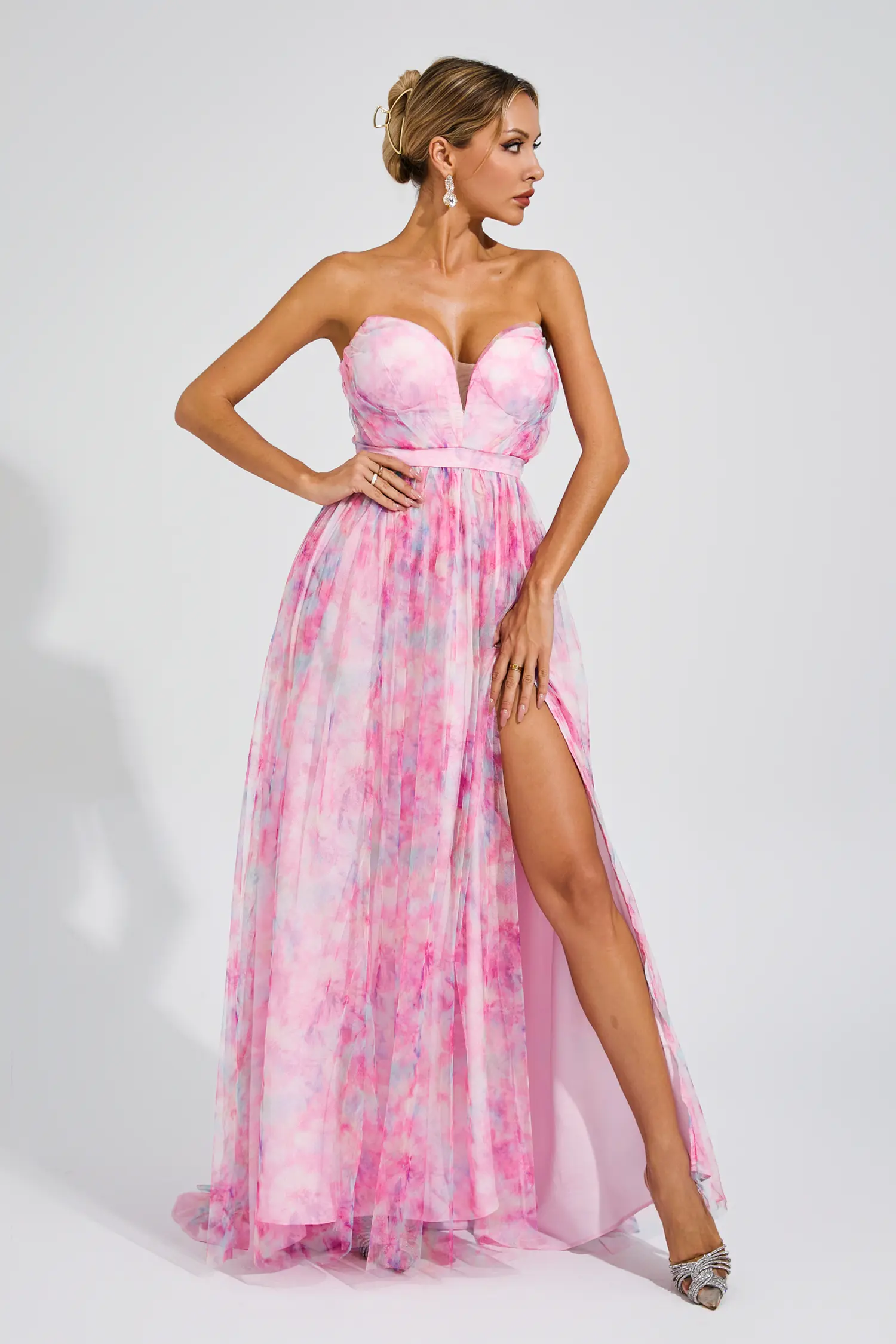 Sheila Pink Floral Slit Off Shoulder Dress-CATCHALL