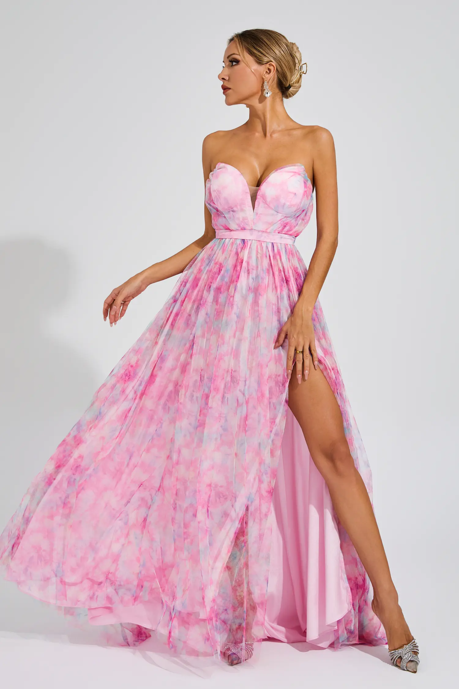 Sheila Pink Floral Slit Off Shoulder Dress-CATCHALL