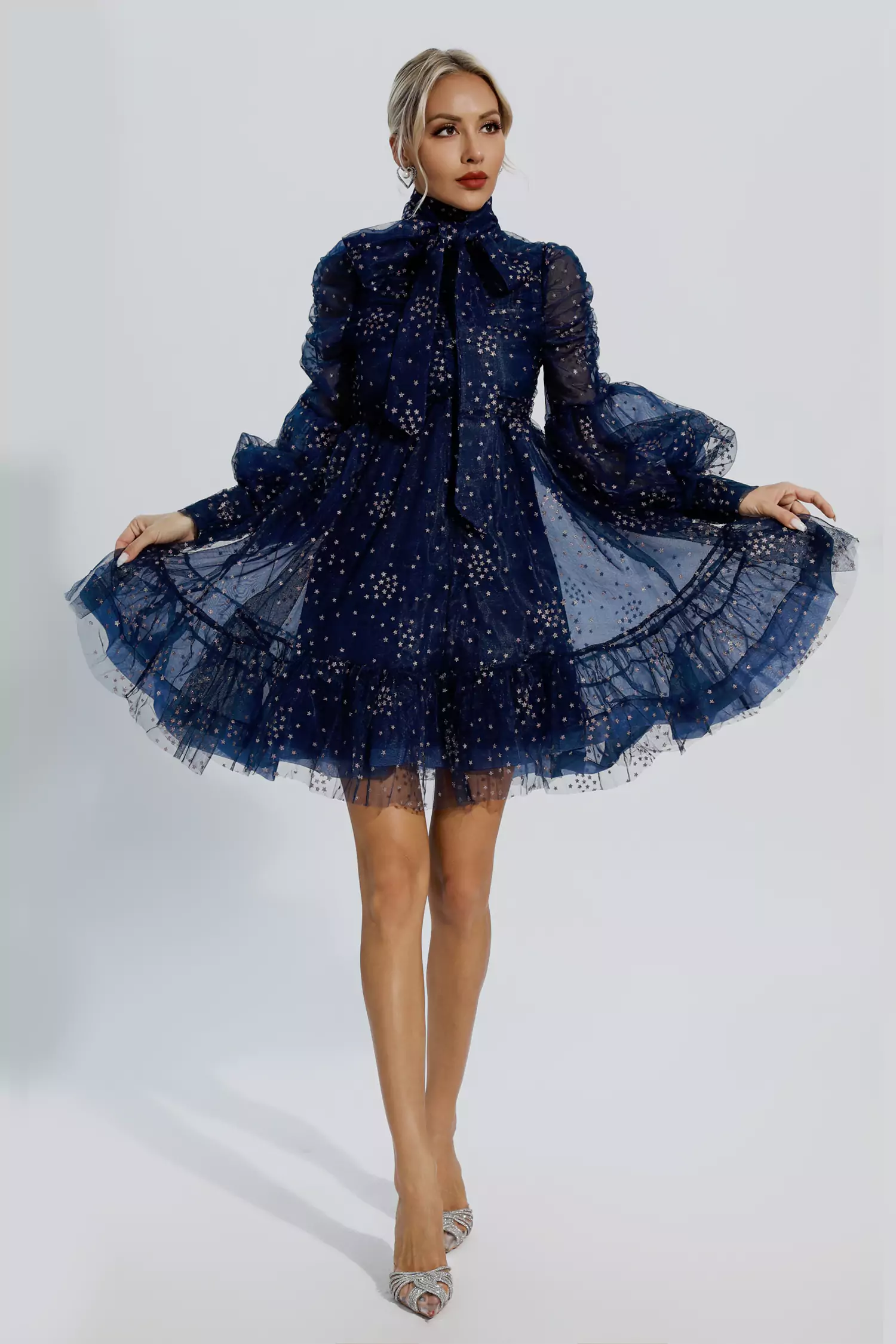 Shelby Blue Mesh Stars Sequin Mini Dress-CATCHALL