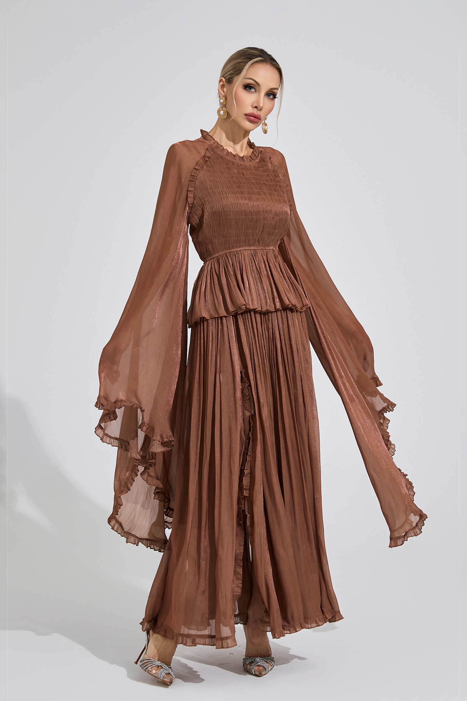 Sioned Brown Flounce Maxi Dress