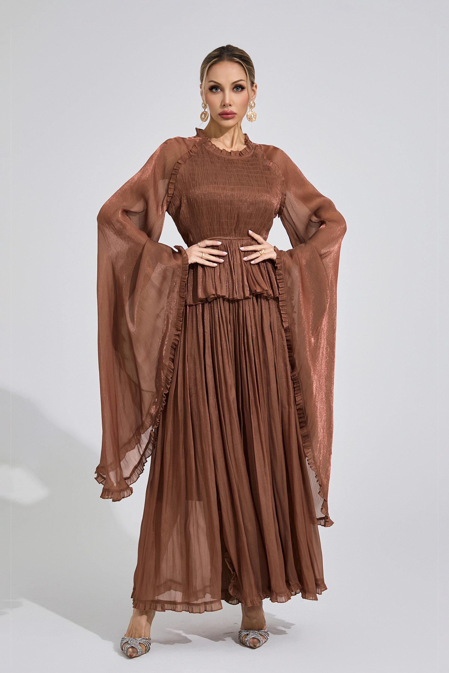 Sioned Brown Flounce Maxi Dress