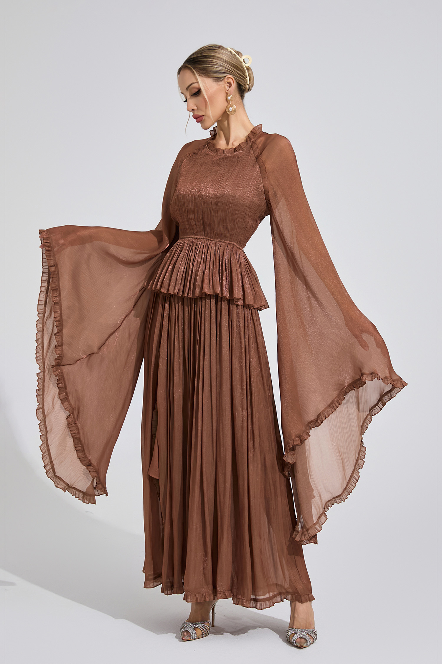 Sioned Brown Flounce Maxi Dress