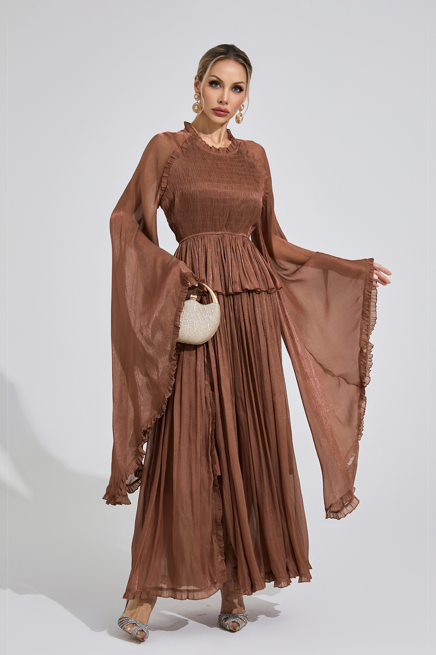 Sioned Brown Flounce Maxi Dress