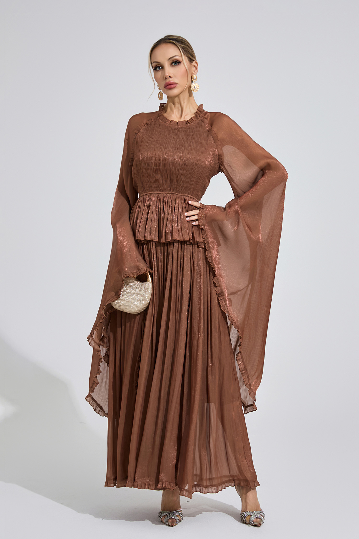 Sioned Brown Flounce Maxi Dress
