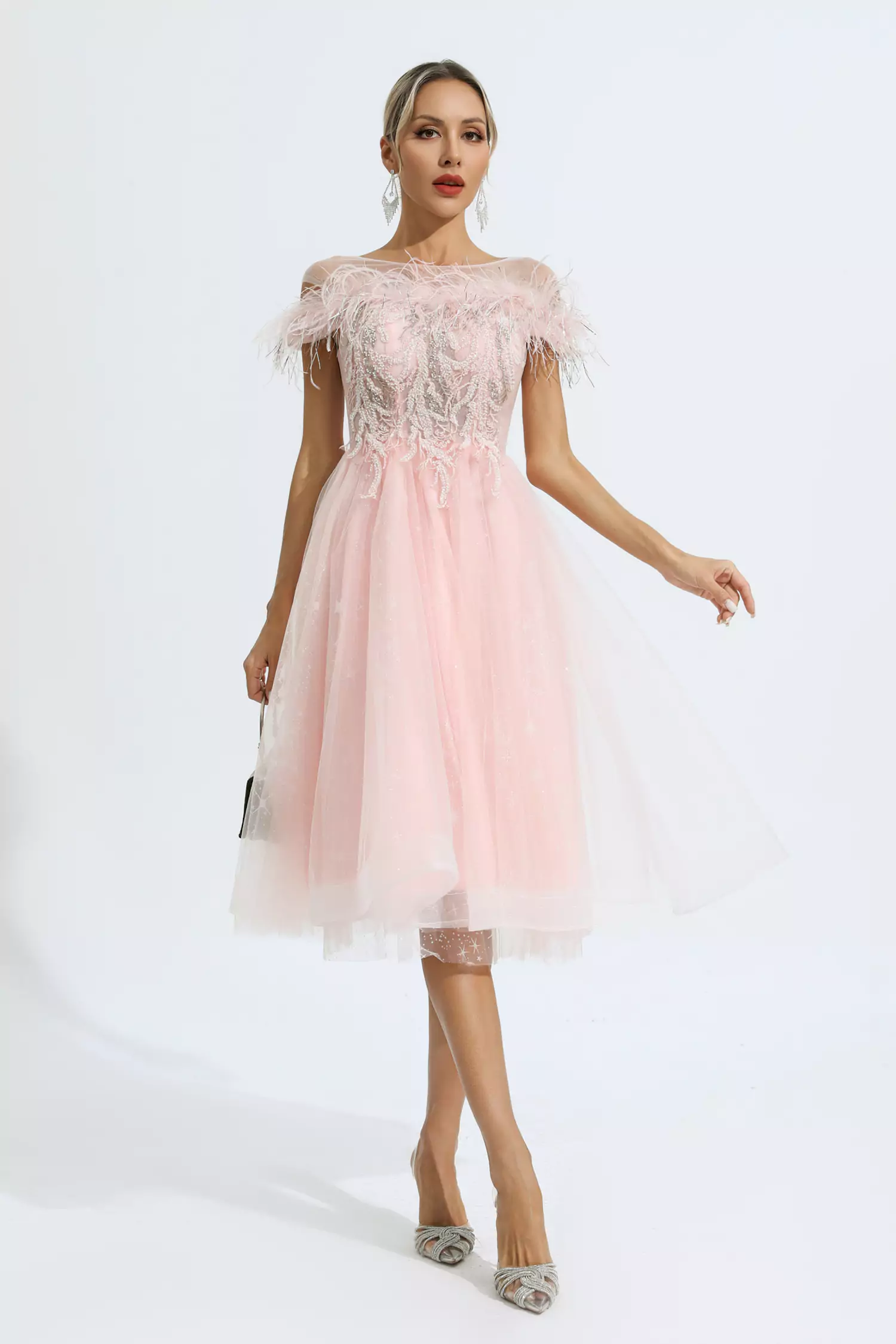 Sky Pink Feather Mesh Midi Dress-CATCHALL