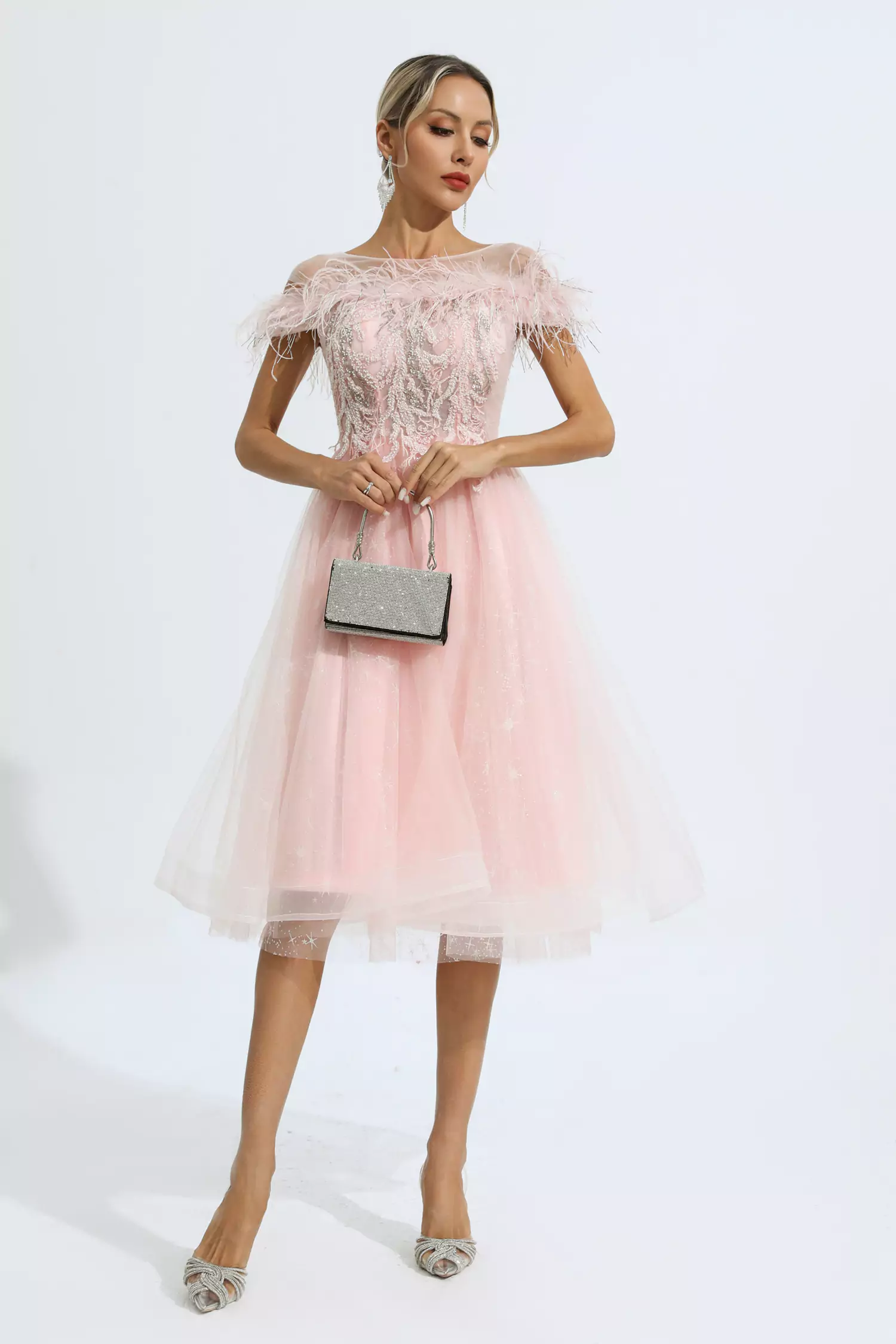 Sky Pink Feather Mesh Midi Dress-CATCHALL