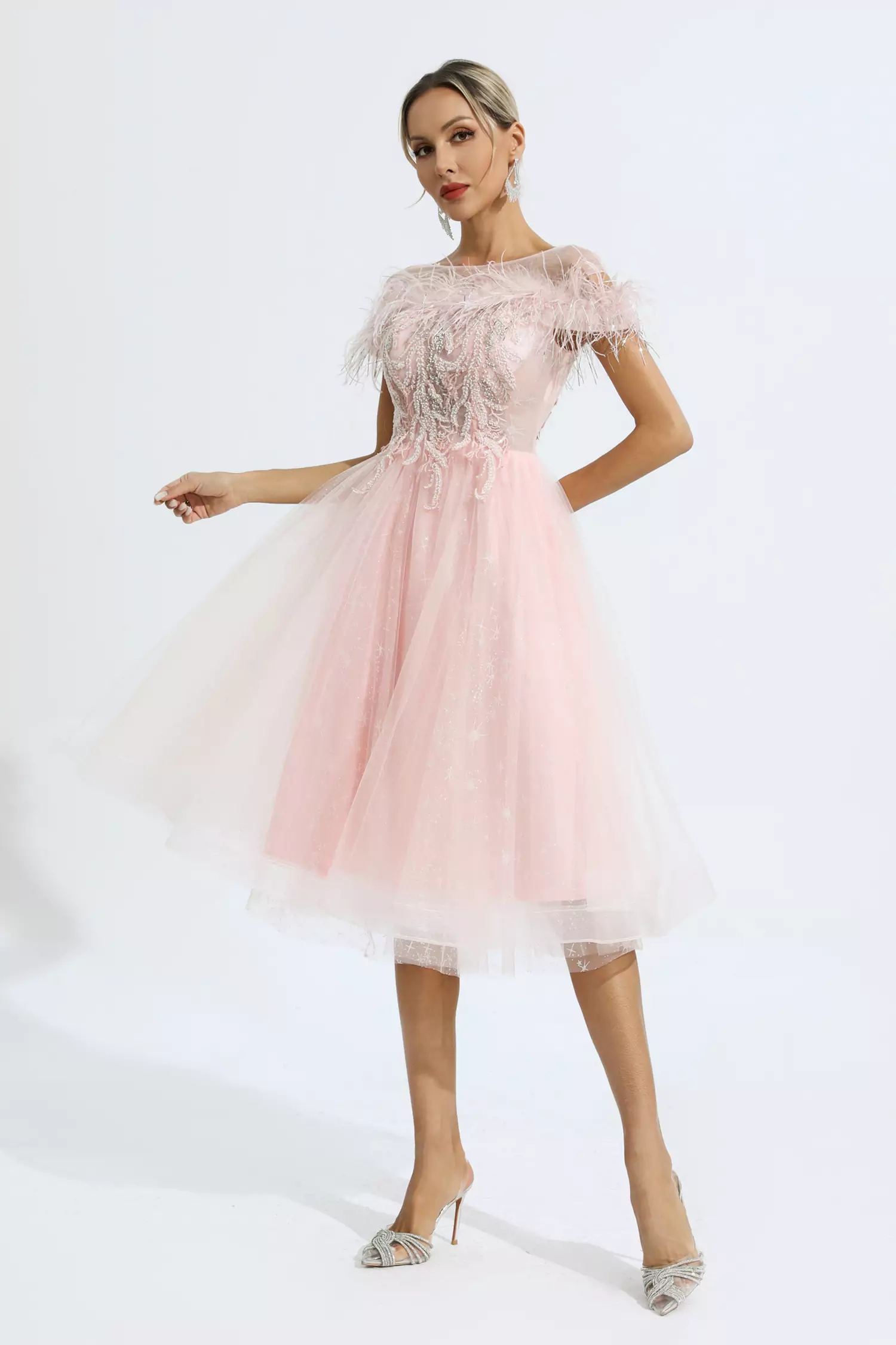 Sky Pink Feather Mesh Midi Dress-CATCHALL