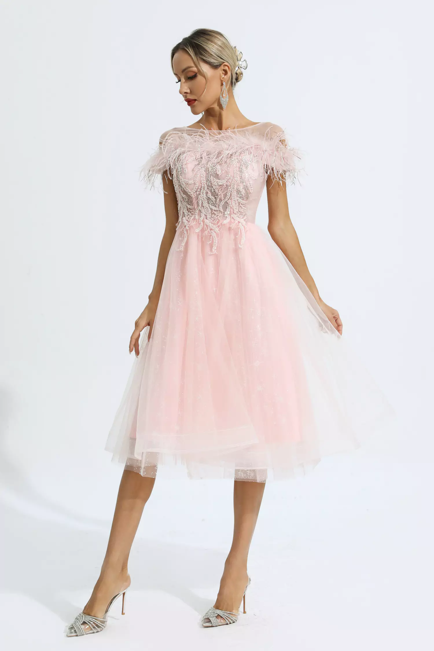 Sky Pink Feather Mesh Midi Dress-CATCHALL