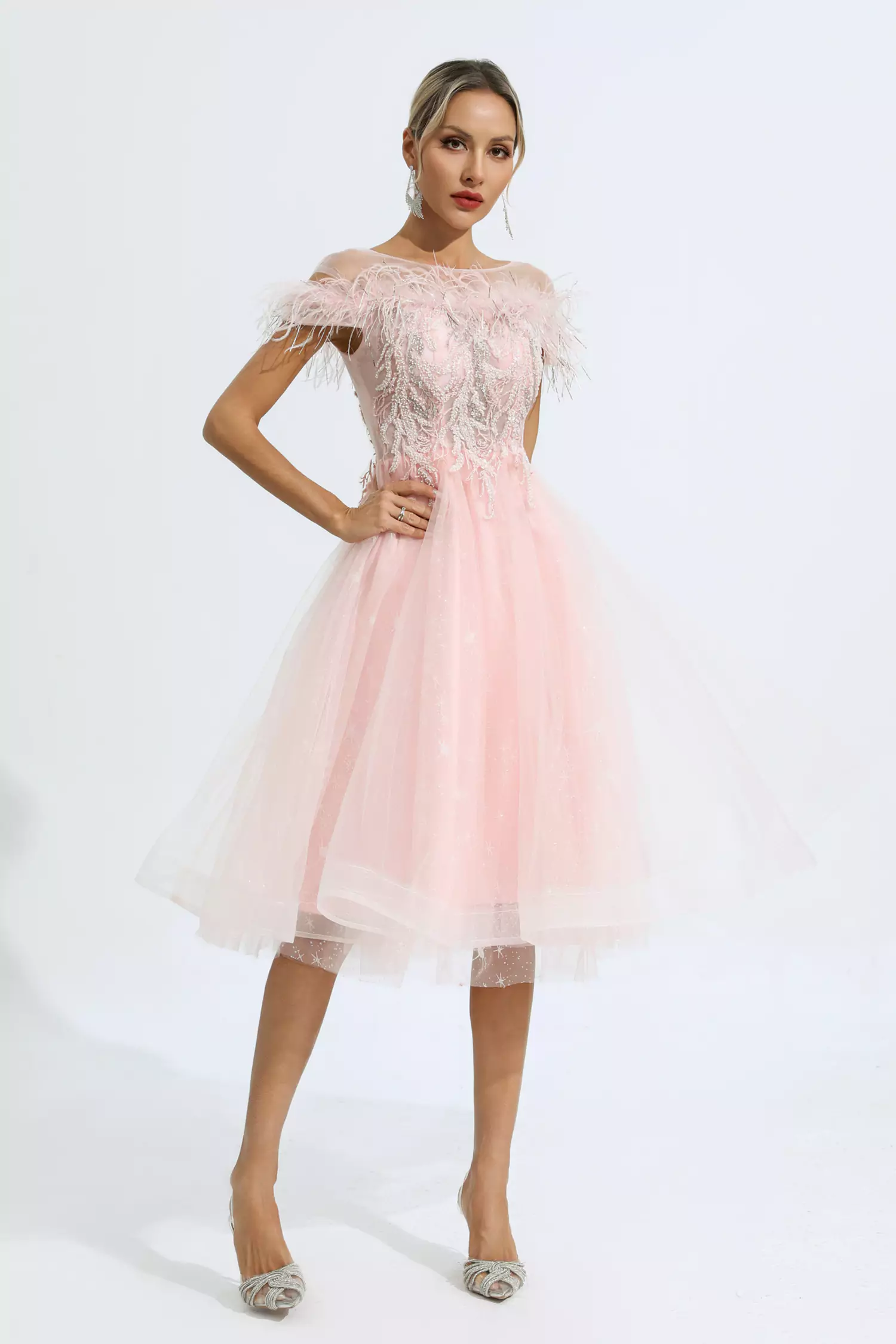 Sky Pink Feather Mesh Midi Dress-CATCHALL