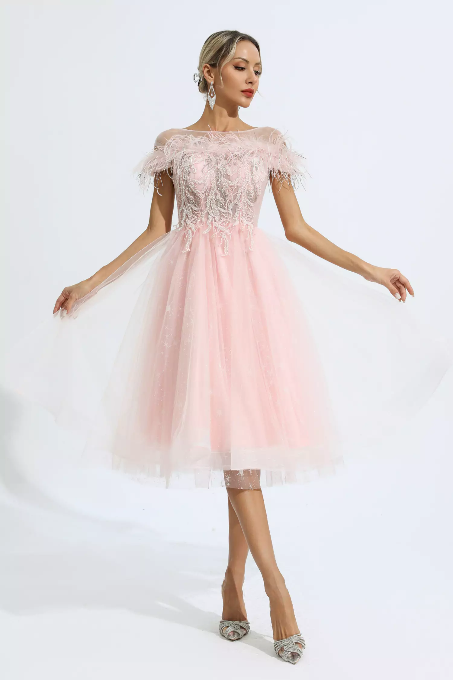Sky Pink Feather Mesh Midi Dress-CATCHALL