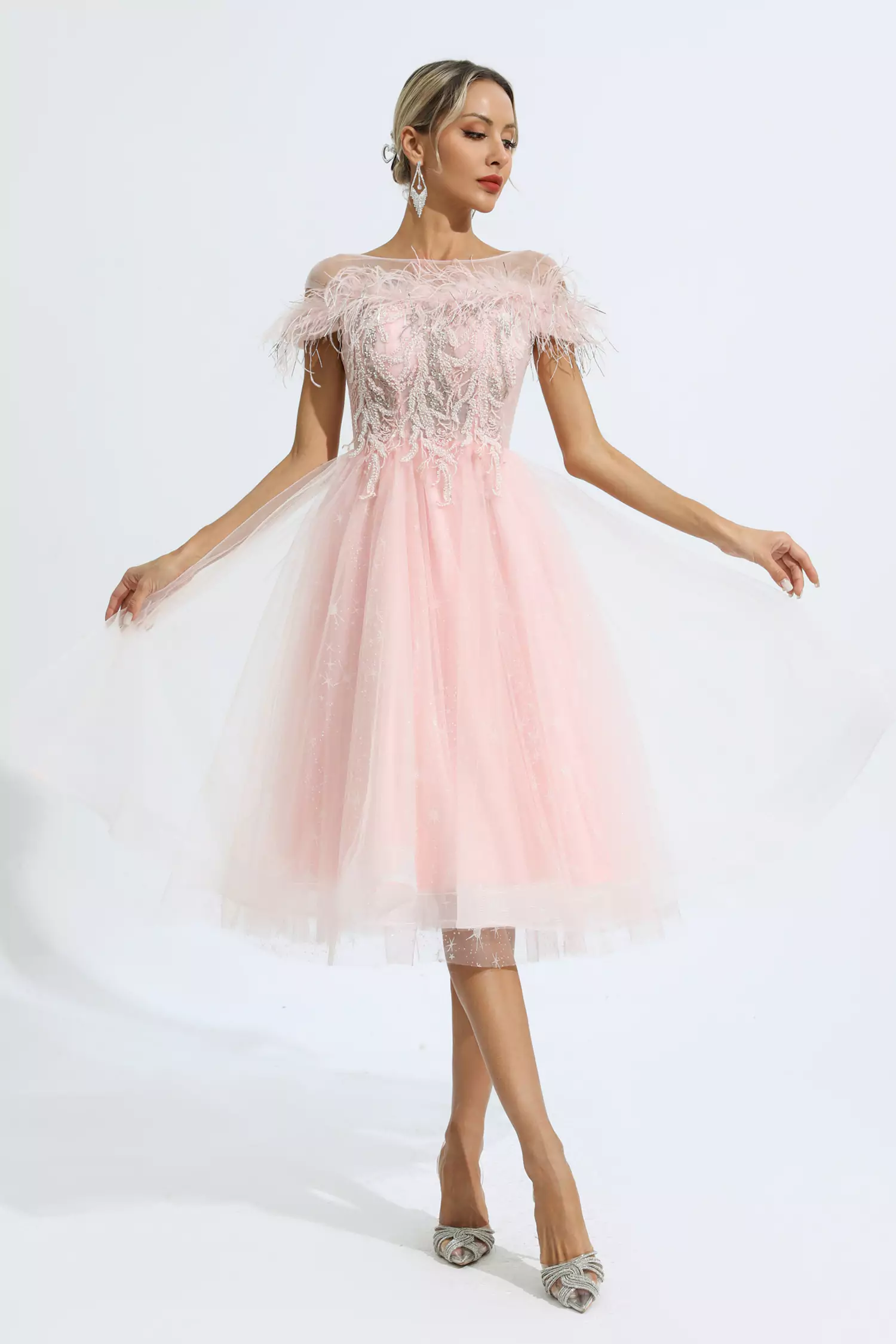 Sky Pink Feather Mesh Midi Dress