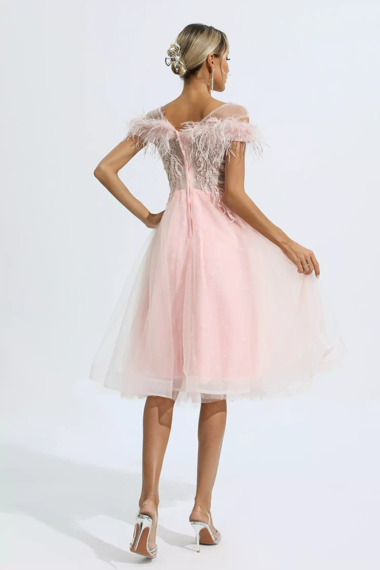 Sky Pink Feather Mesh Midi Dress-CATCHALL