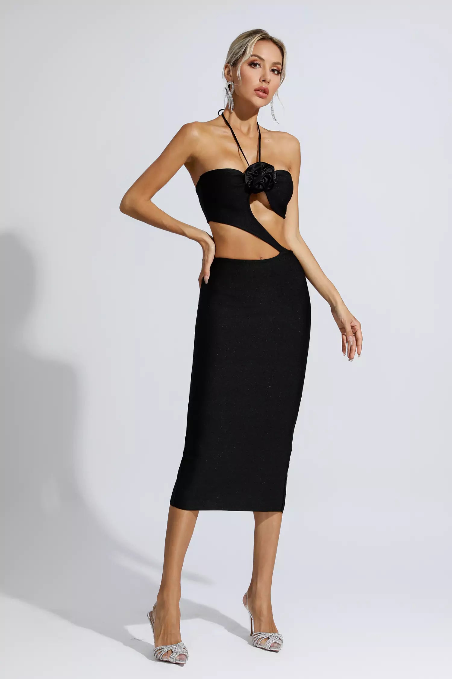 Skye Black Floral Cutout Midi Dress-CATCHALL