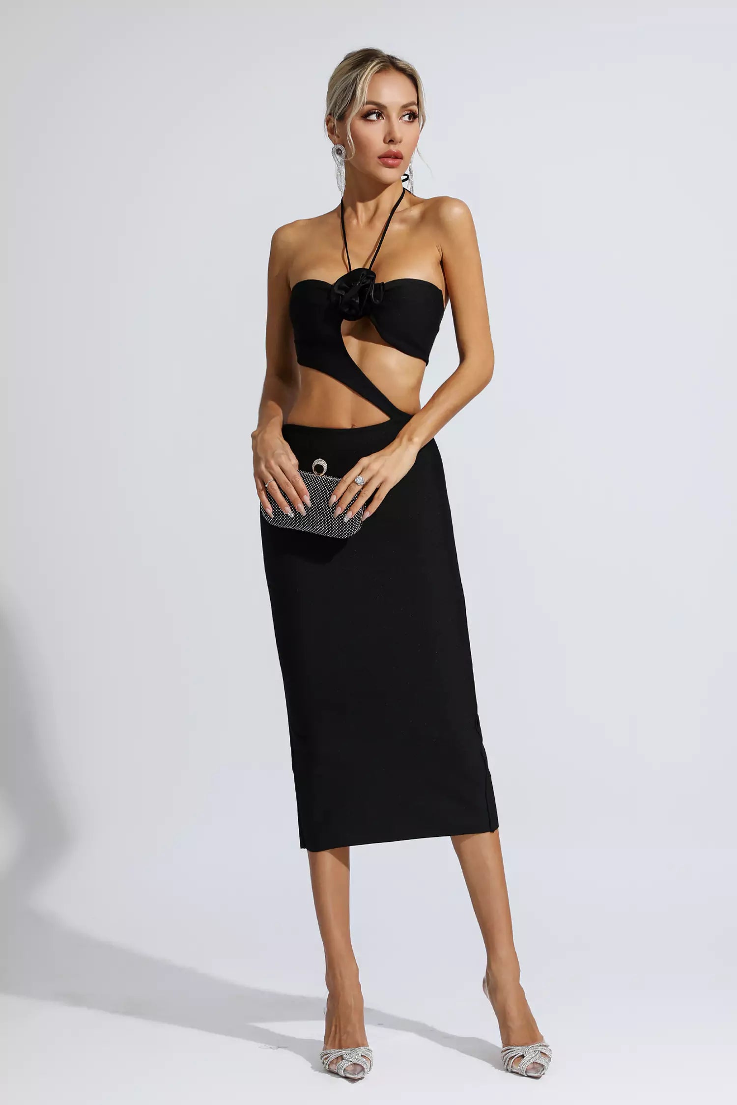 Skye Black Floral Cutout Midi Dress-CATCHALL