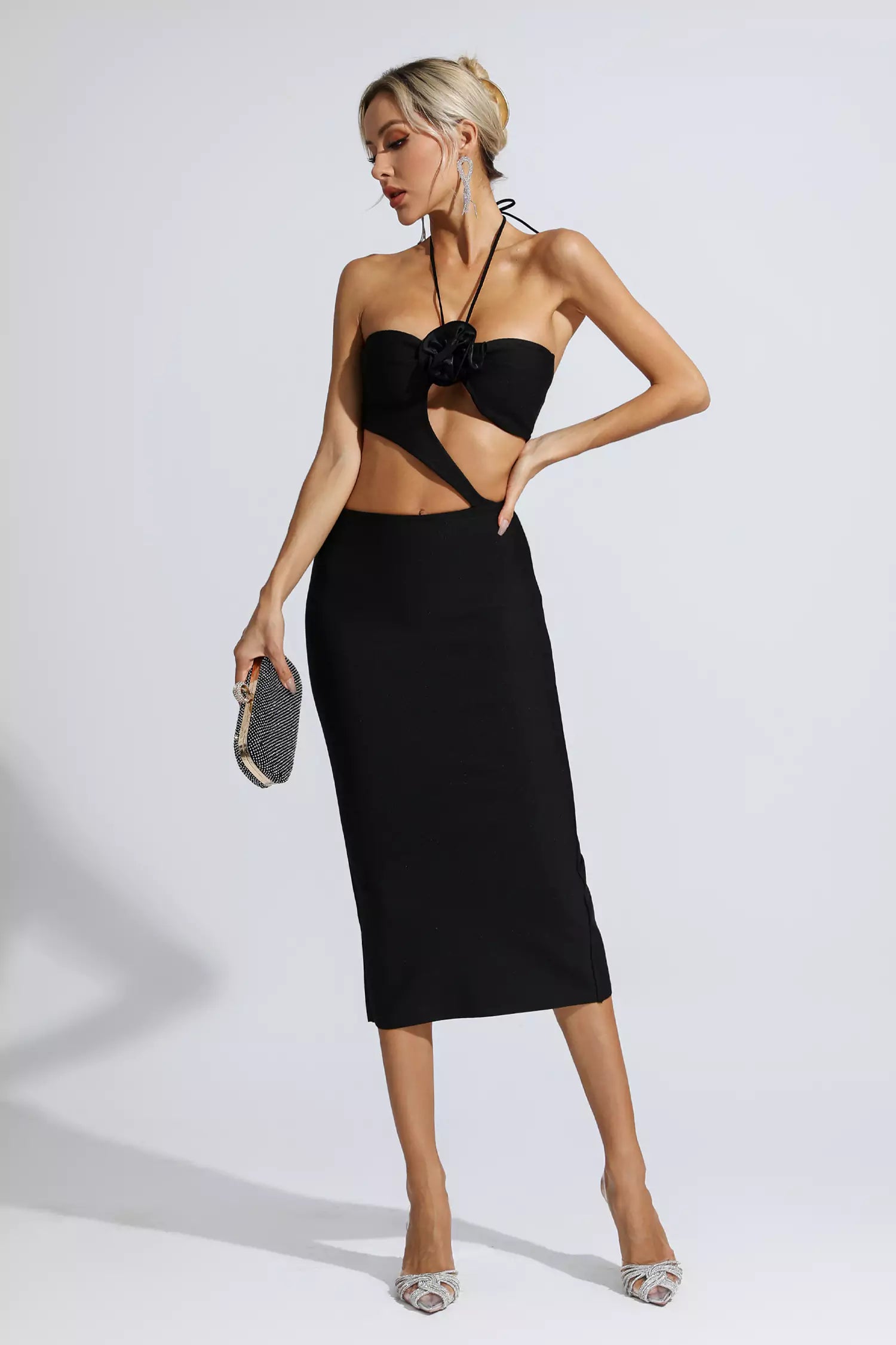 Skye Black Floral Cutout Midi Dress-CATCHALL