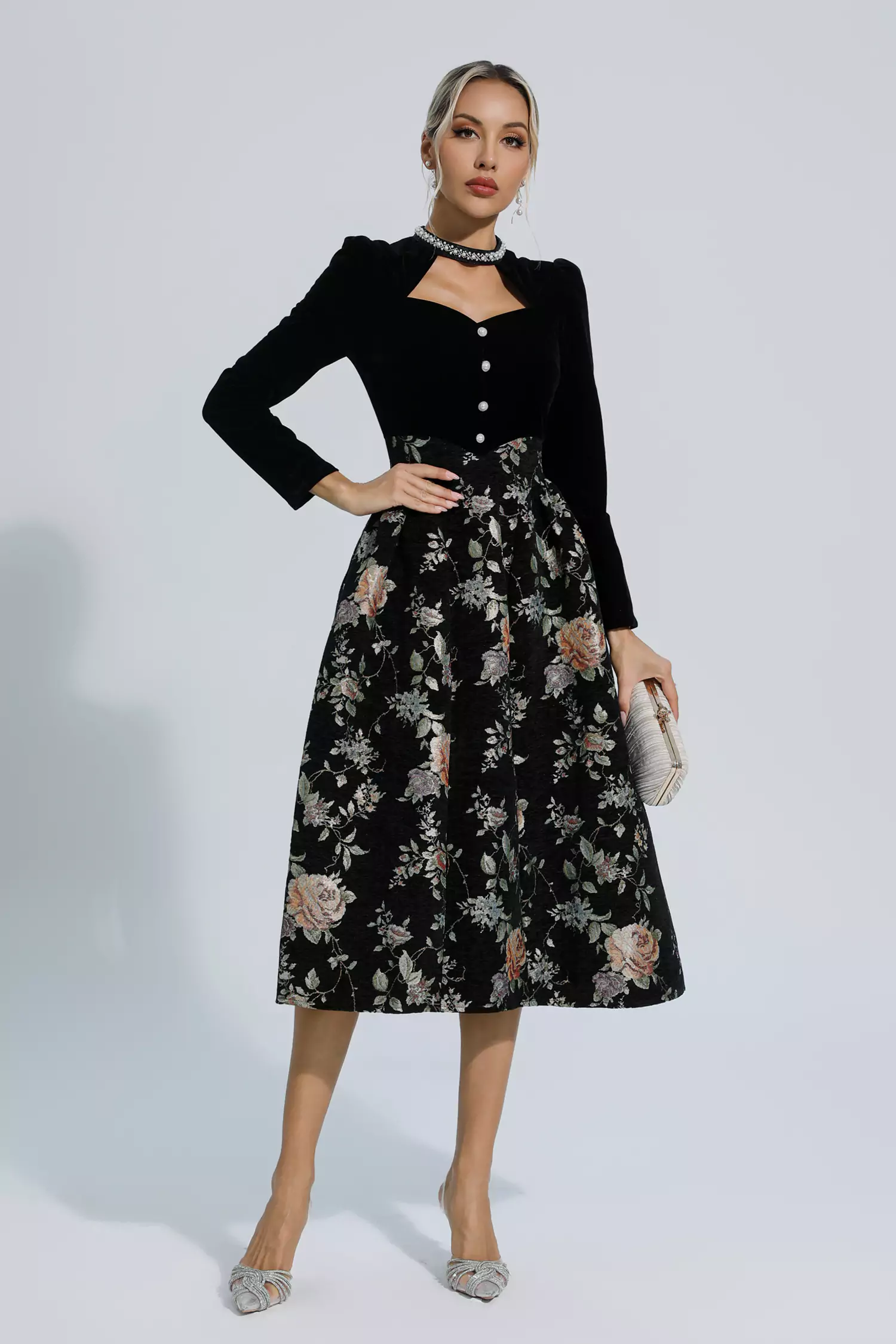 Skyla Black Waist Floral Long Sleeve Dress-CATCHALL