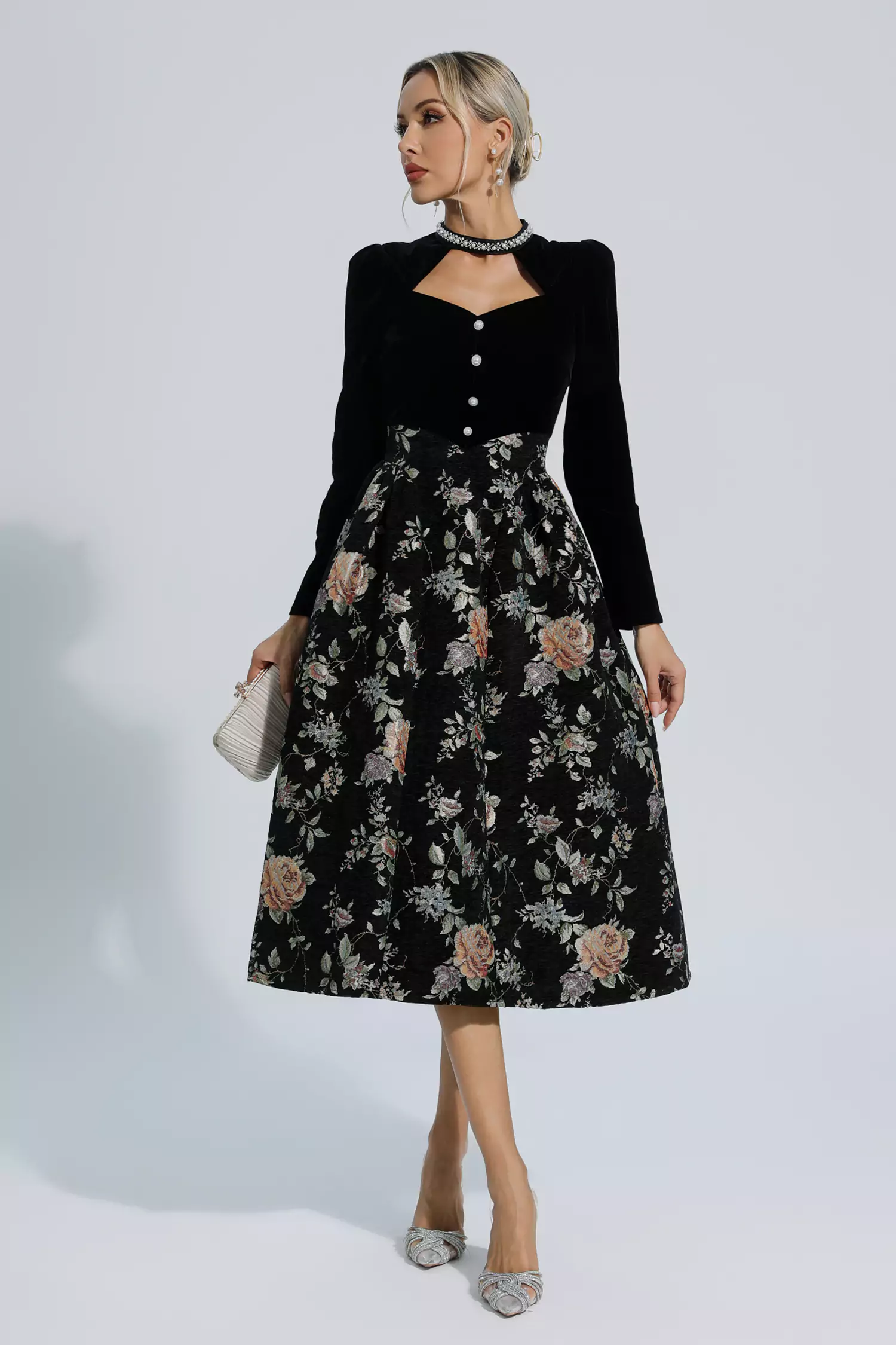 Skyla Black Waist Floral Long Sleeve Dress-CATCHALL