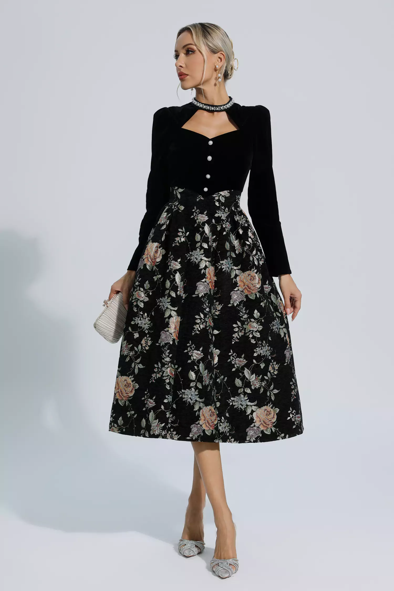Skyla Black Waist Floral Long Sleeve Dress