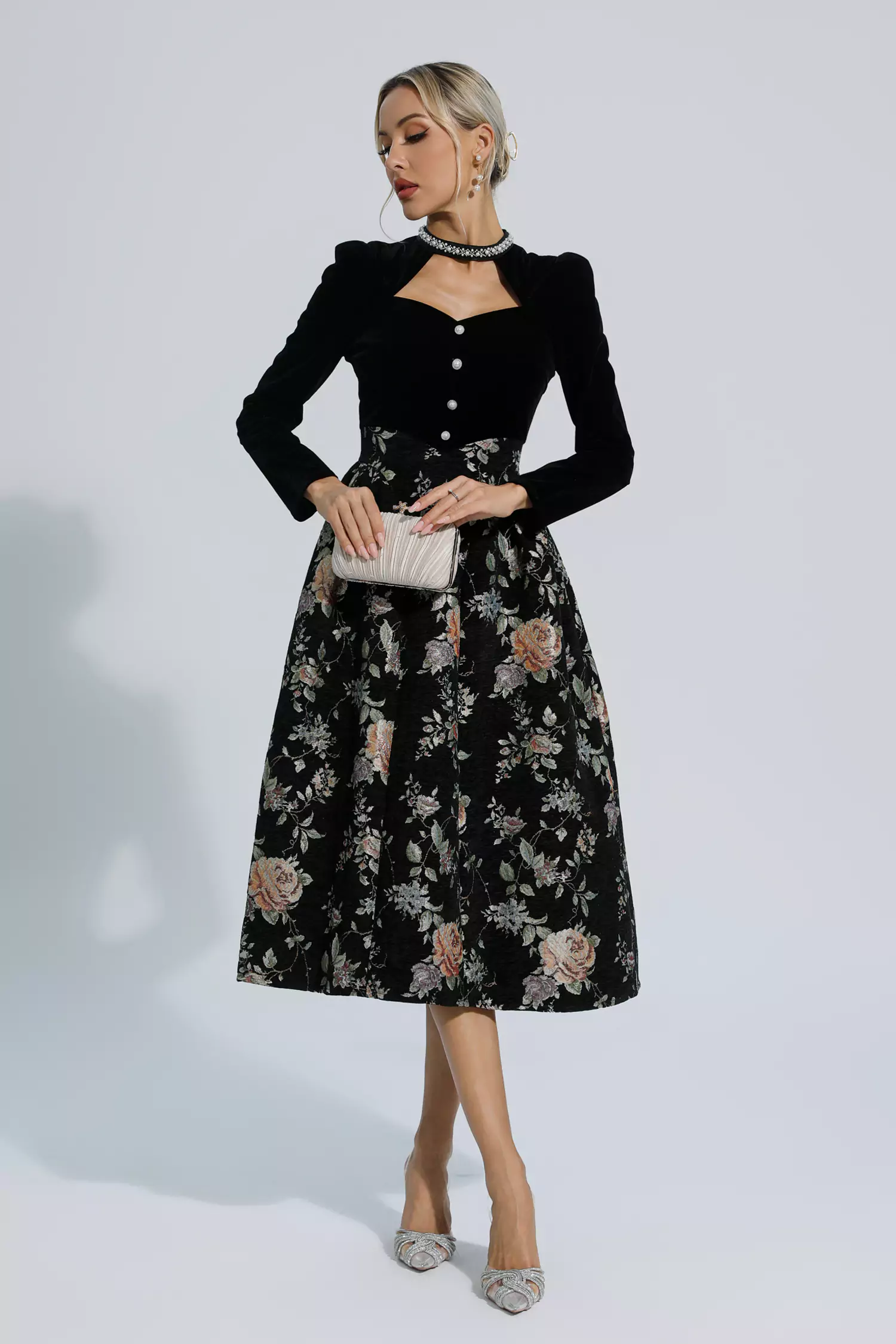 Skyla Black Waist Floral Long Sleeve Dress-CATCHALL