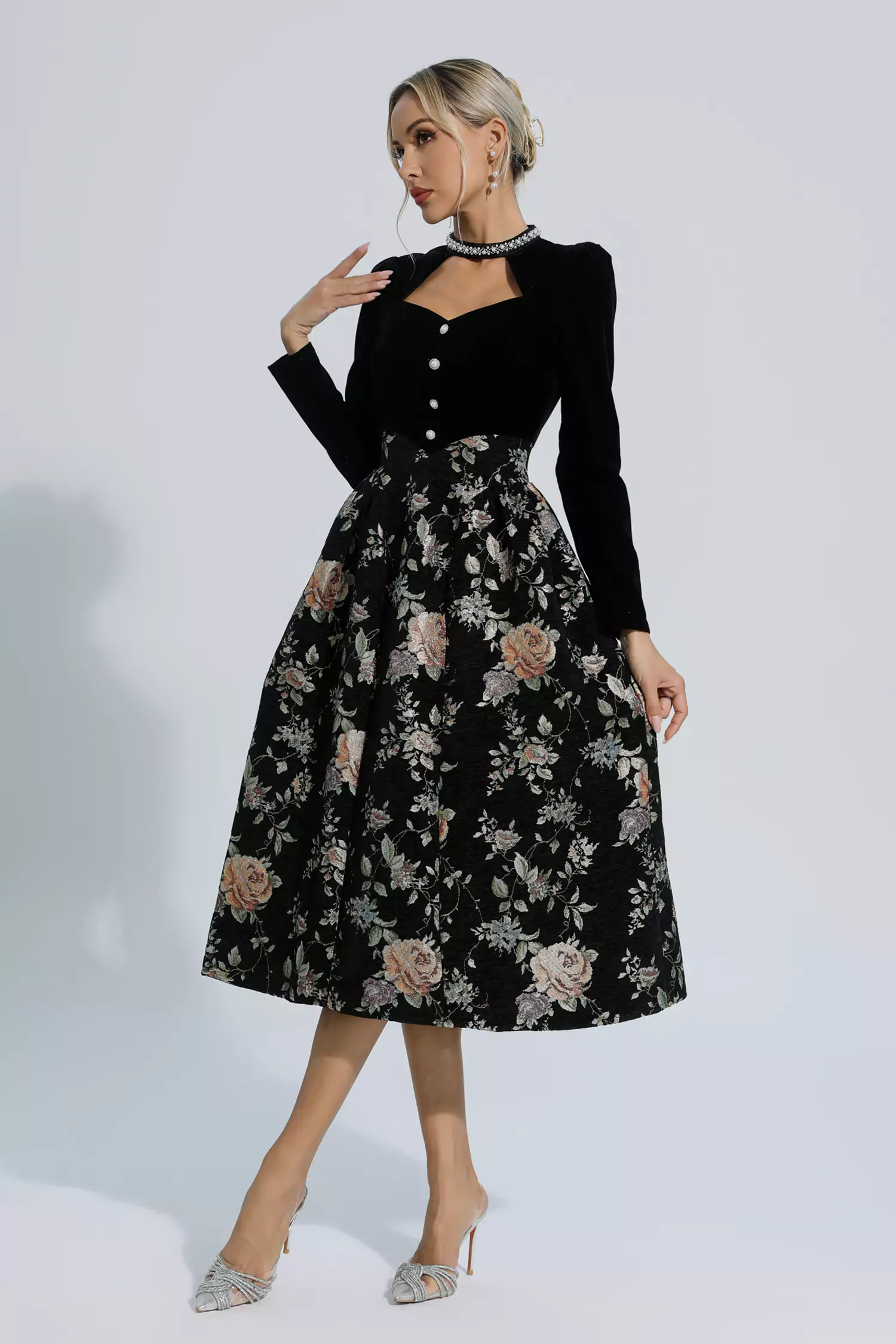 Skyla Black Waist Floral Long Sleeve Dress-CATCHALL