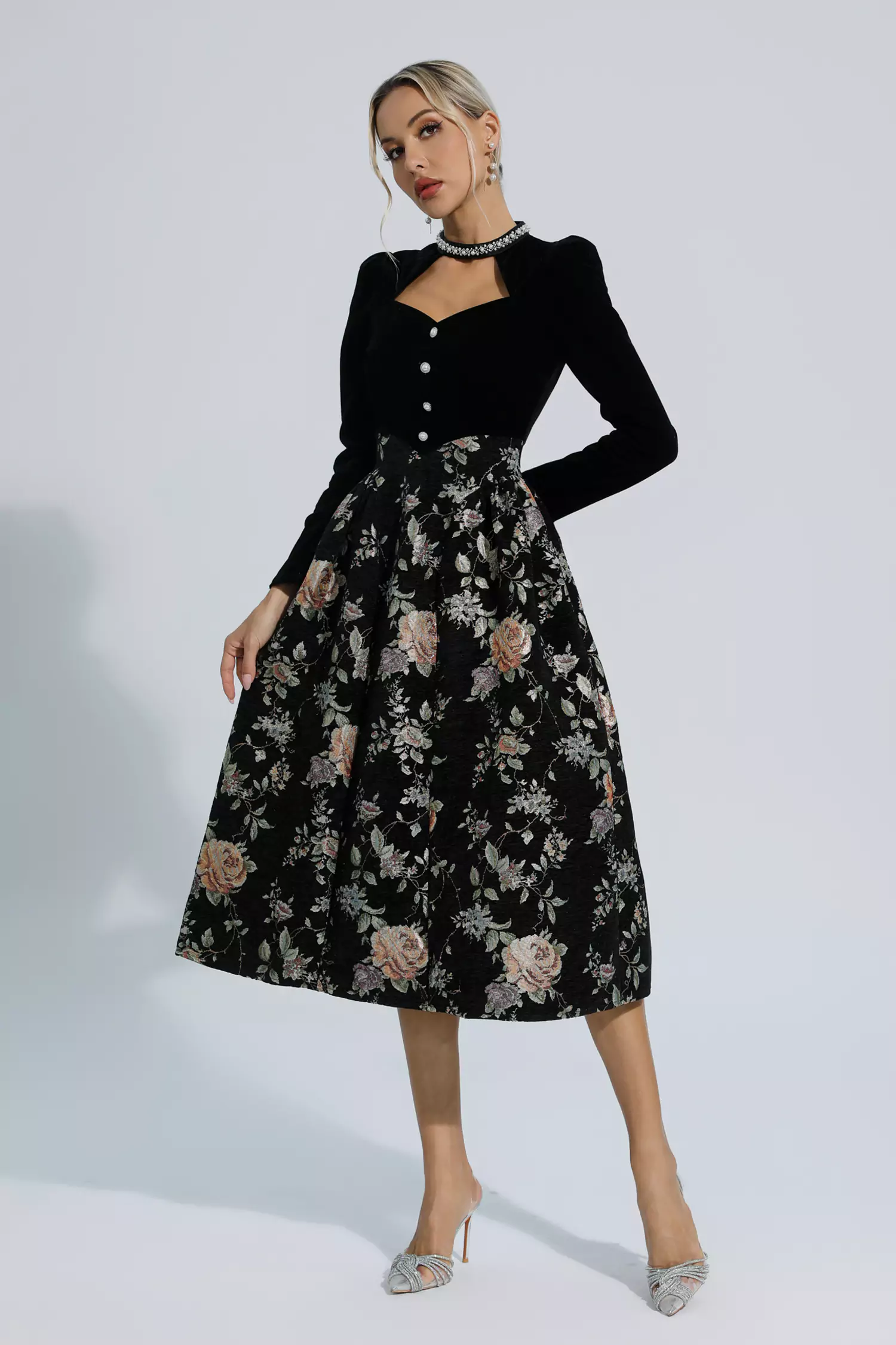 Skyla Black Waist Floral Long Sleeve Dress-CATCHALL