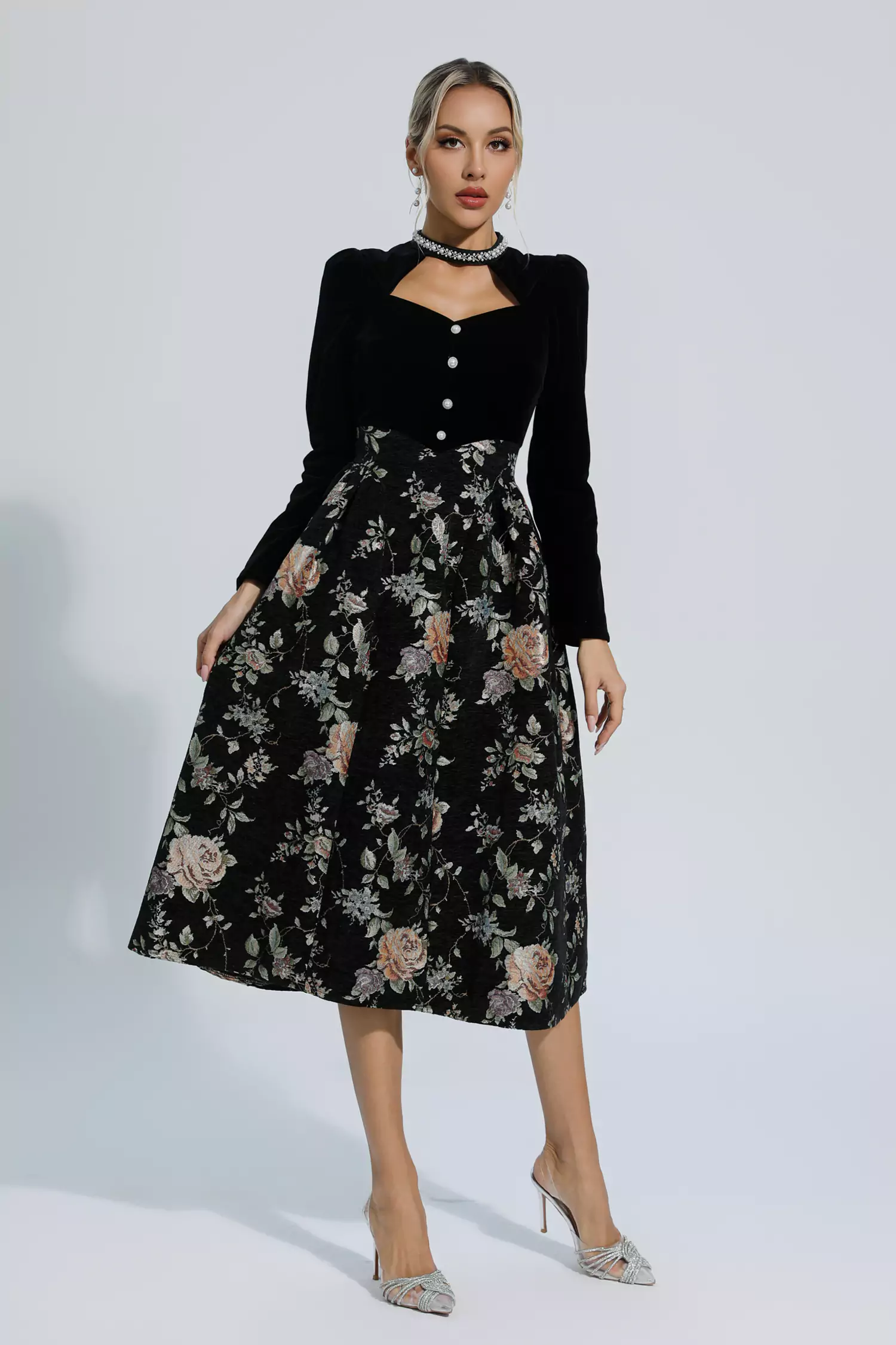 Skyla Black Waist Floral Long Sleeve Dress-CATCHALL