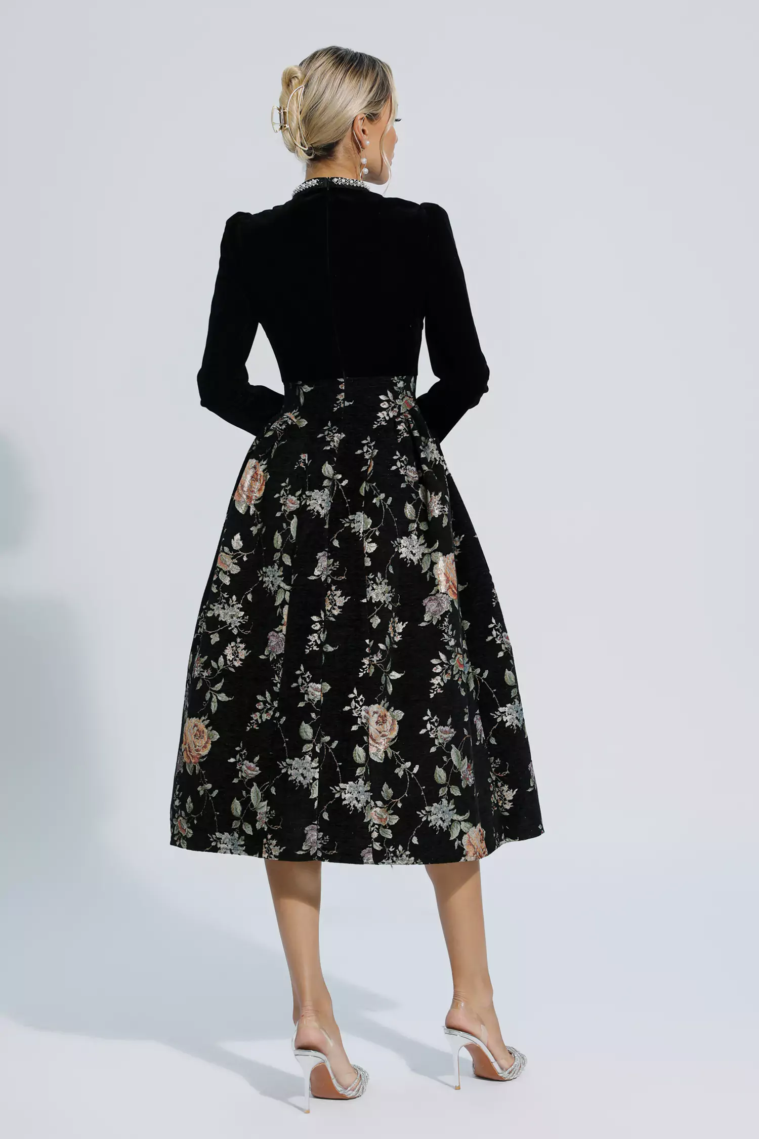 Skyla Black Waist Floral Long Sleeve Dress-CATCHALL