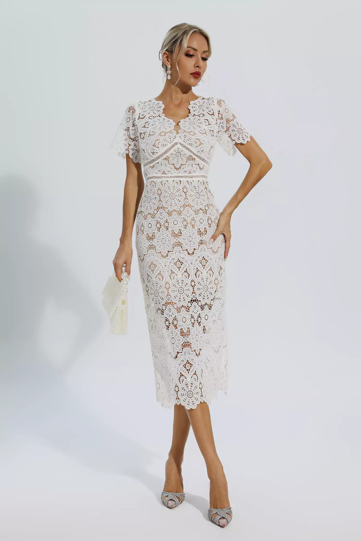 Skyler White Lace Cutout Midi Dress-CATCHALL